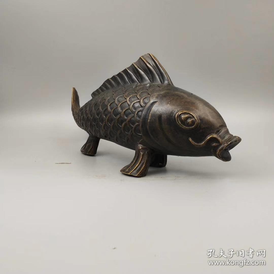 铜器古玩年年有鱼铜摆件形态端正 优质黄铜 包浆老道