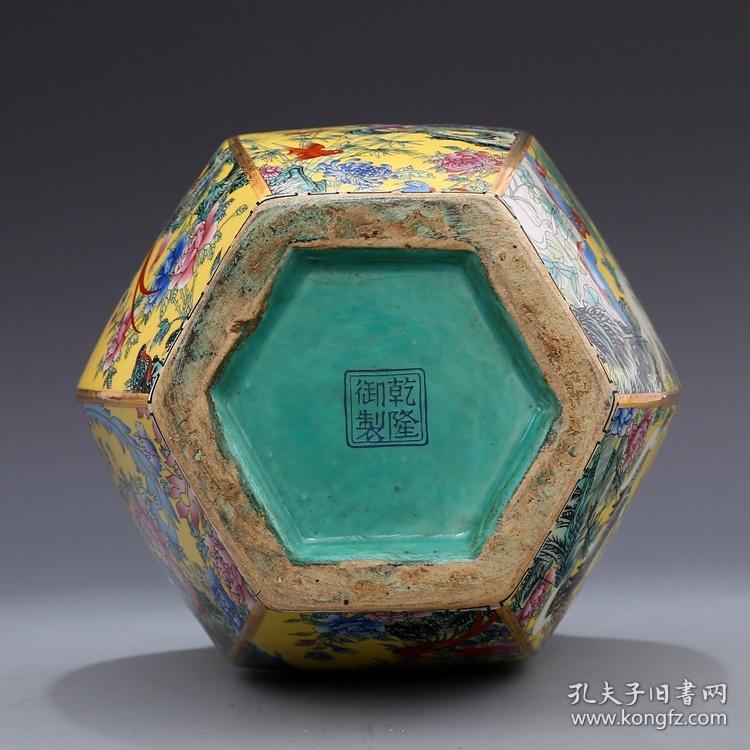 精品收藏乾隆年制珐琅彩描金六方花鸟瓶古董瓷器规格尺寸品名乾隆年制