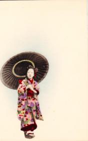 日本1902早中期邮资片--打伞的女人