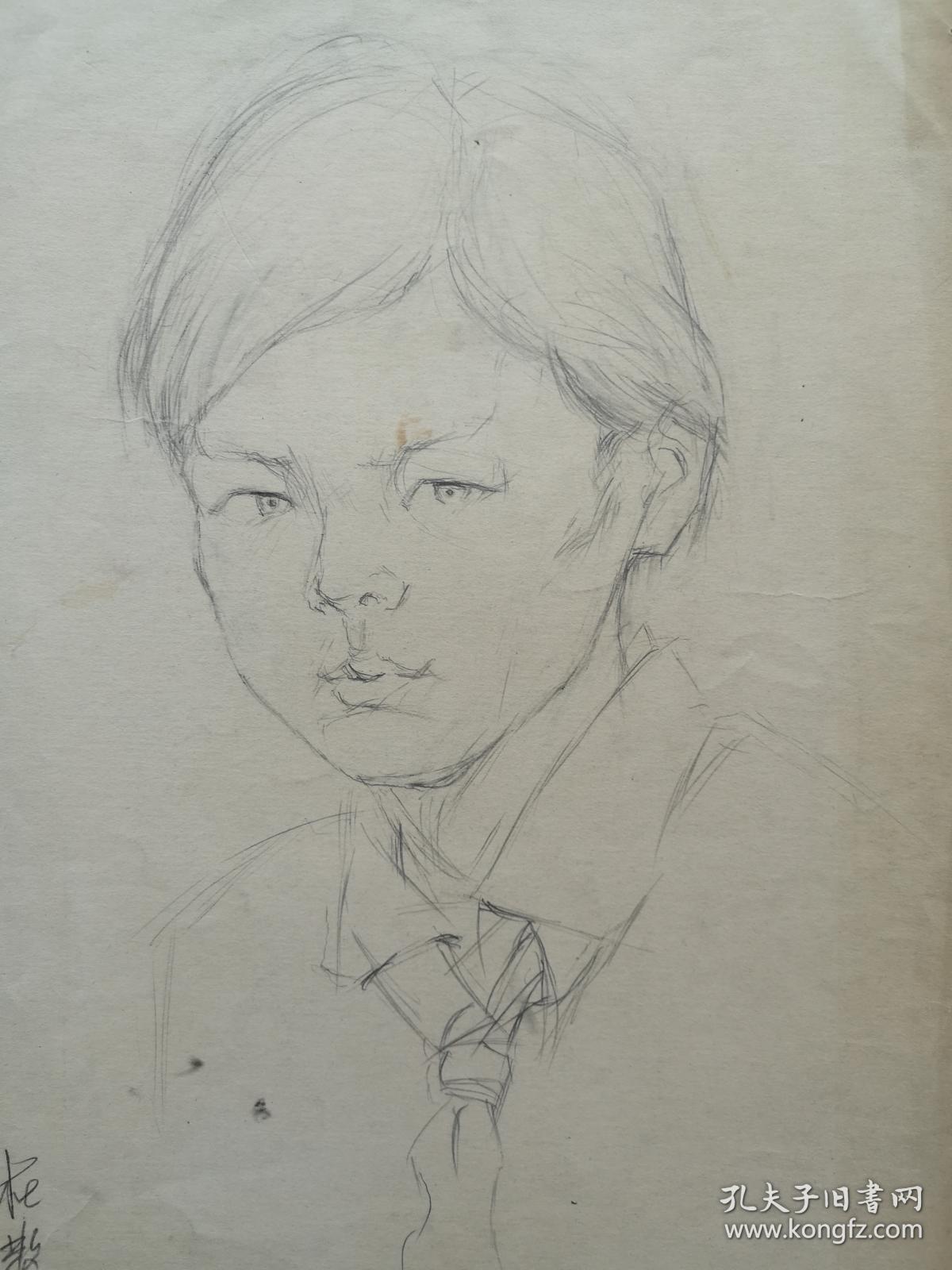 早期素描速写人像画稿原稿《少先队员》(杜散源)
