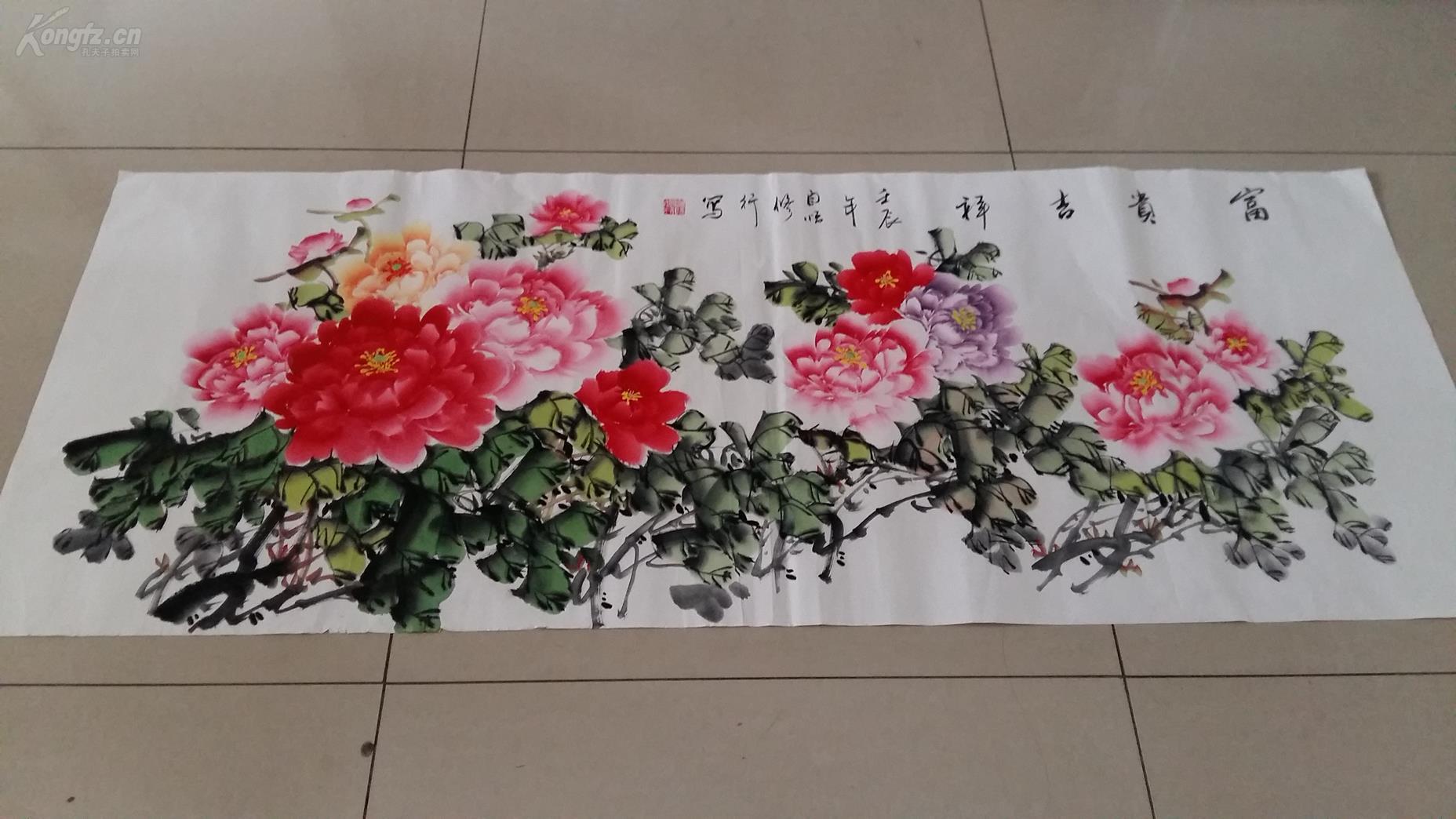 六尺横幅牡丹一幅,实长1.8米,《富贵吉祥》,纯手绘,保