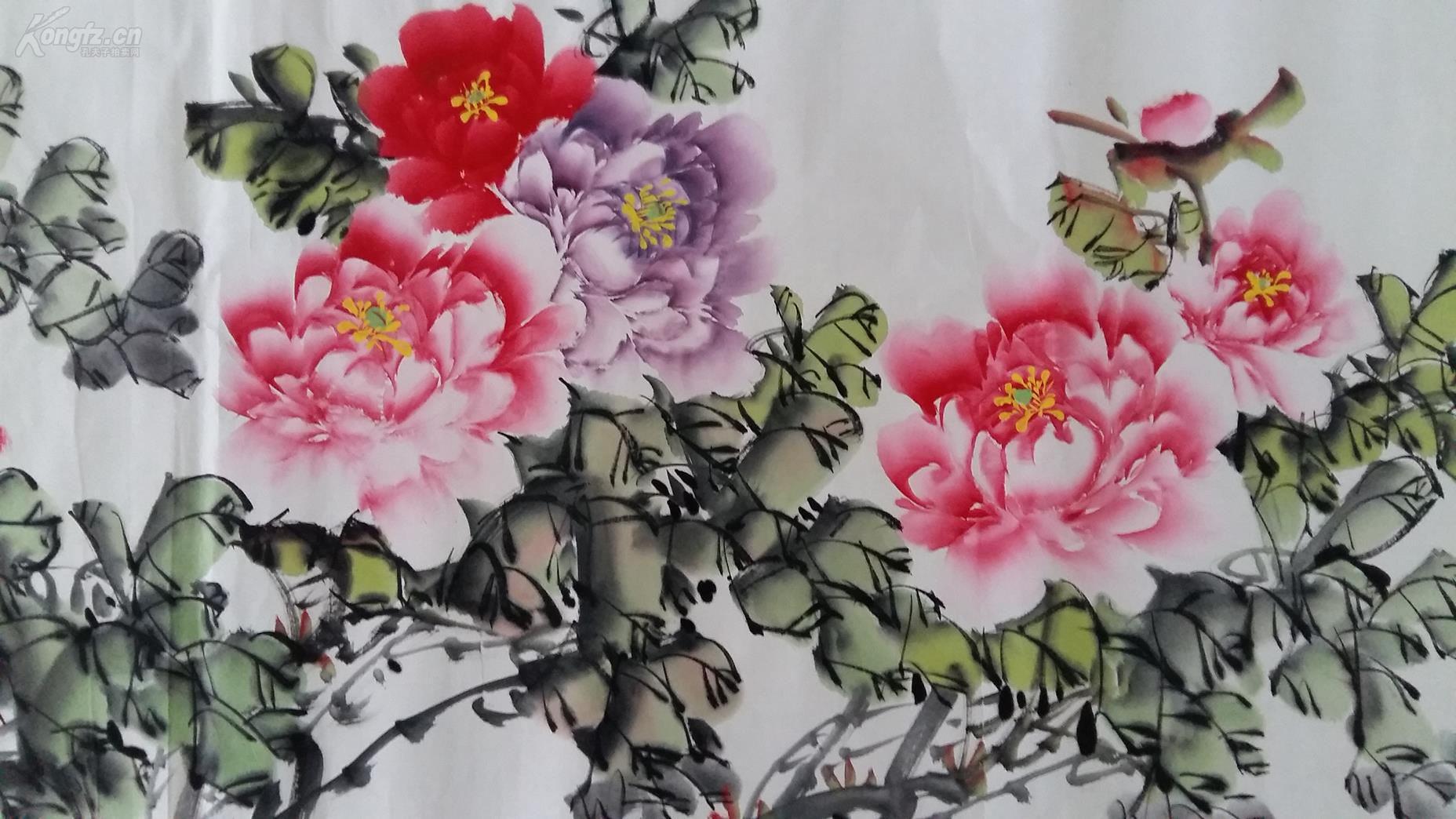 六尺横幅牡丹一幅,实长1.8米,《富贵吉祥》,纯手绘,保