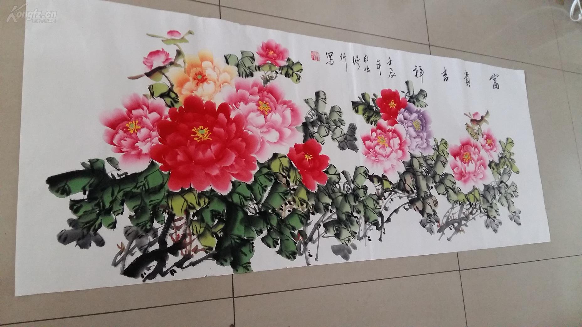 六尺横幅牡丹一幅,实长1.8米《富贵吉祥,纯手绘,保真迹