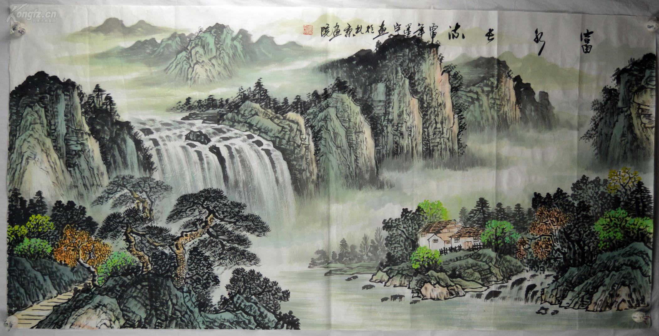 墨宇 纯手绘 原创 山水国画精品,4尺134*67cm 《bh001富水常流》