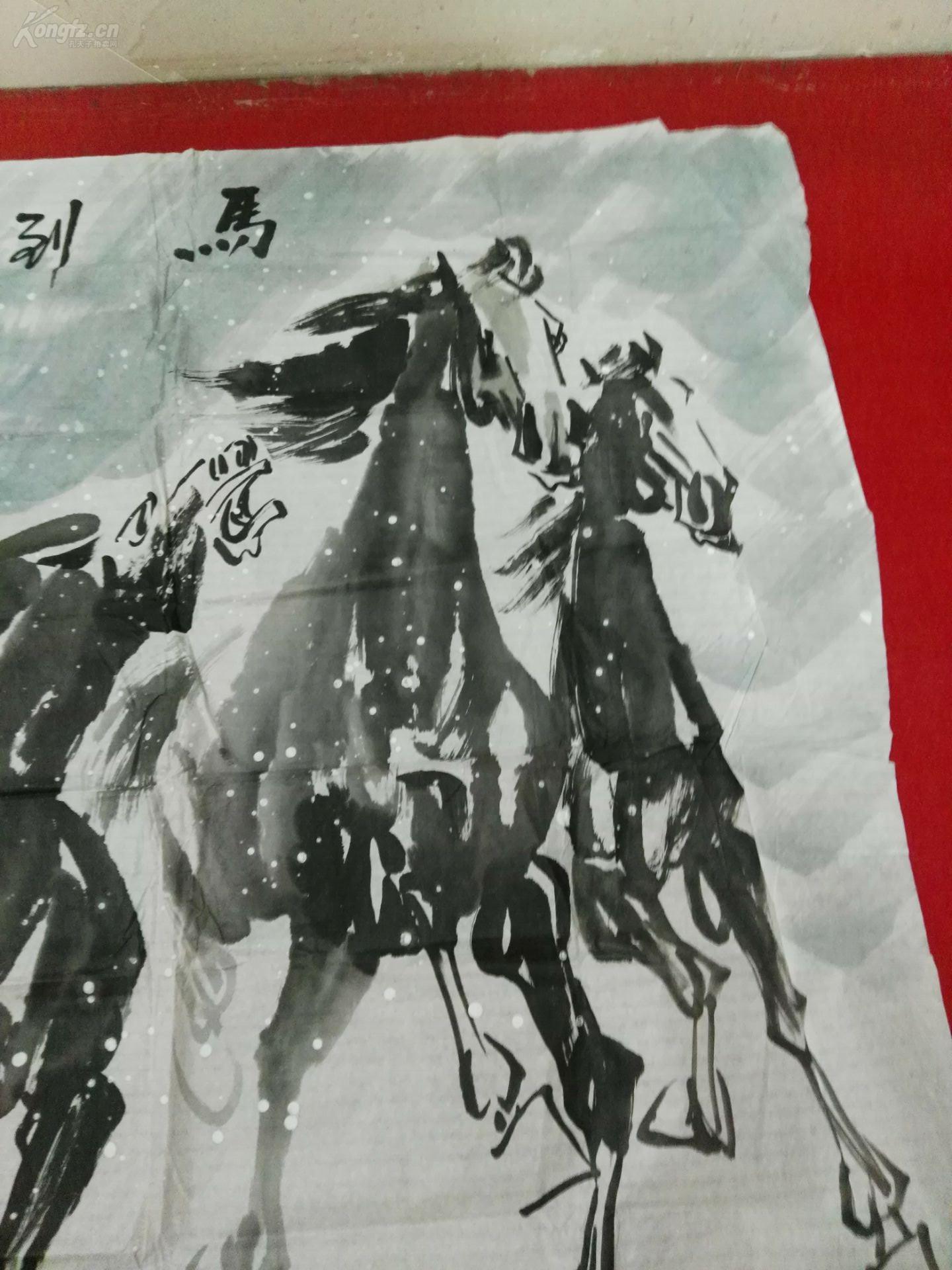 石鸿,八骏图,大六尺,生于1945年8月,河南南阳人,高级美术师,从事美术