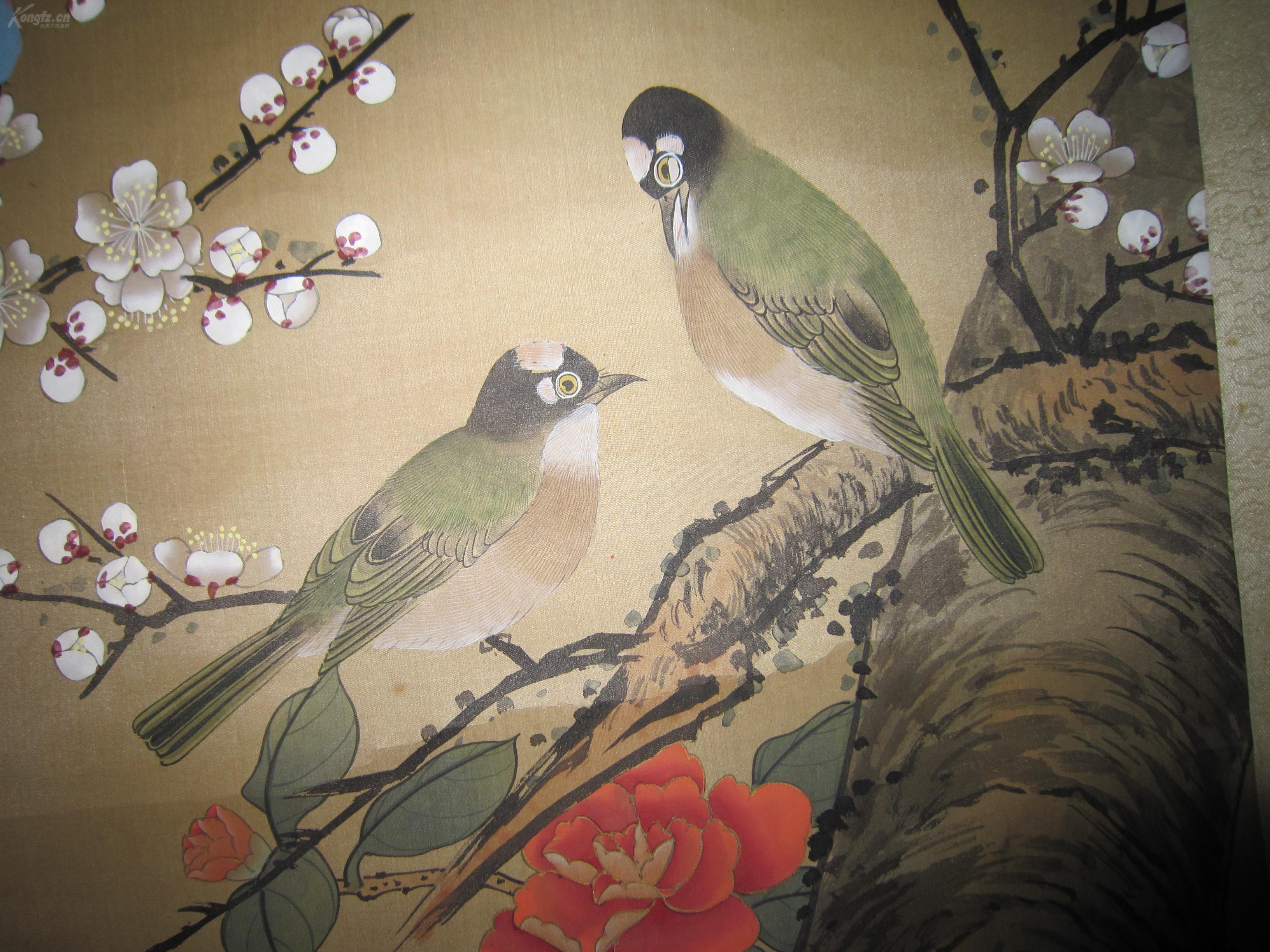 大幅挂轴,著名画家董寿康1973年手绘工笔花鸟画集禽图
