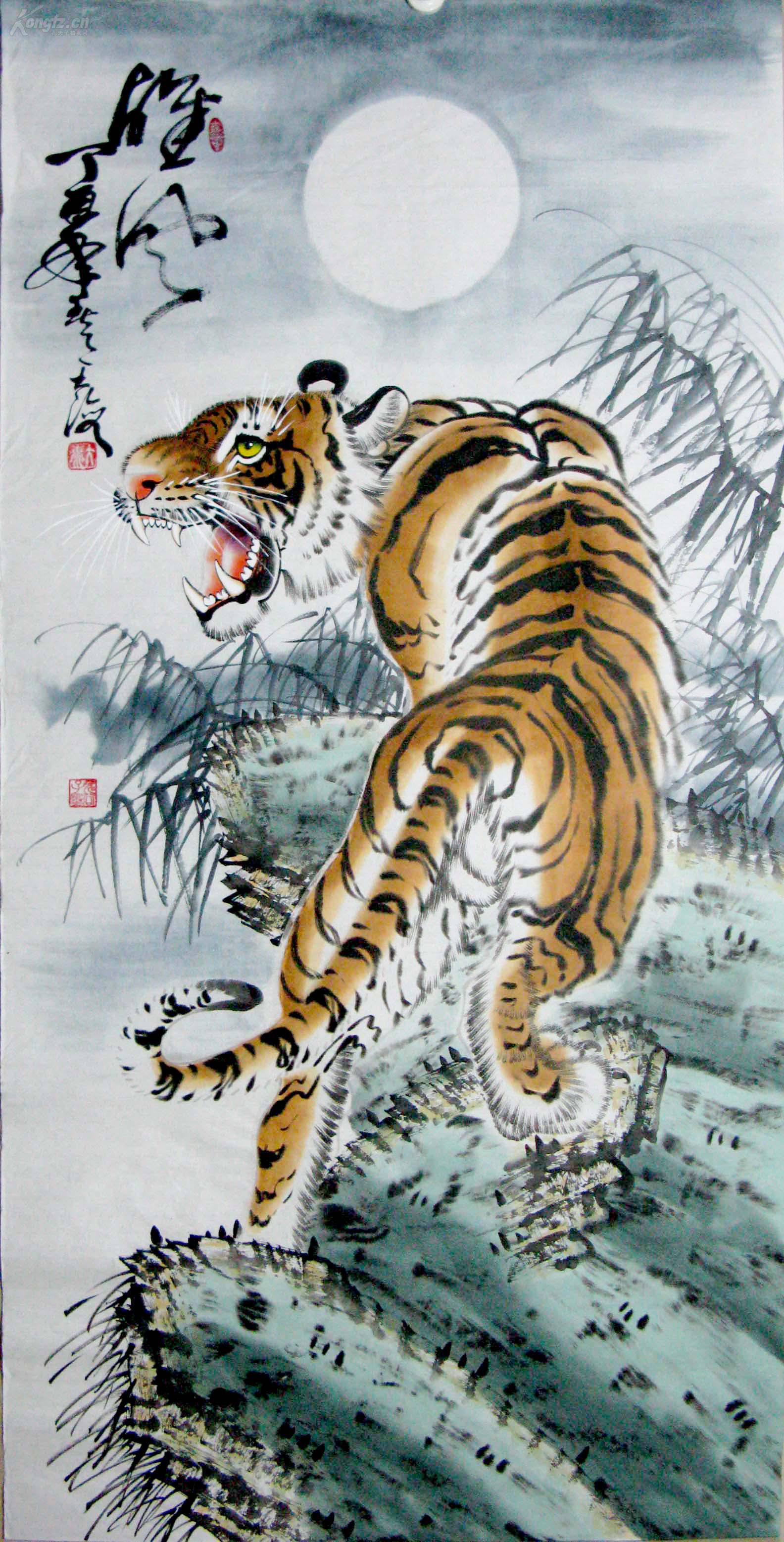 大海国画四尺写意虎《雄风》威风凛凛 豪气冲天 惊云蔽日 一流精品!