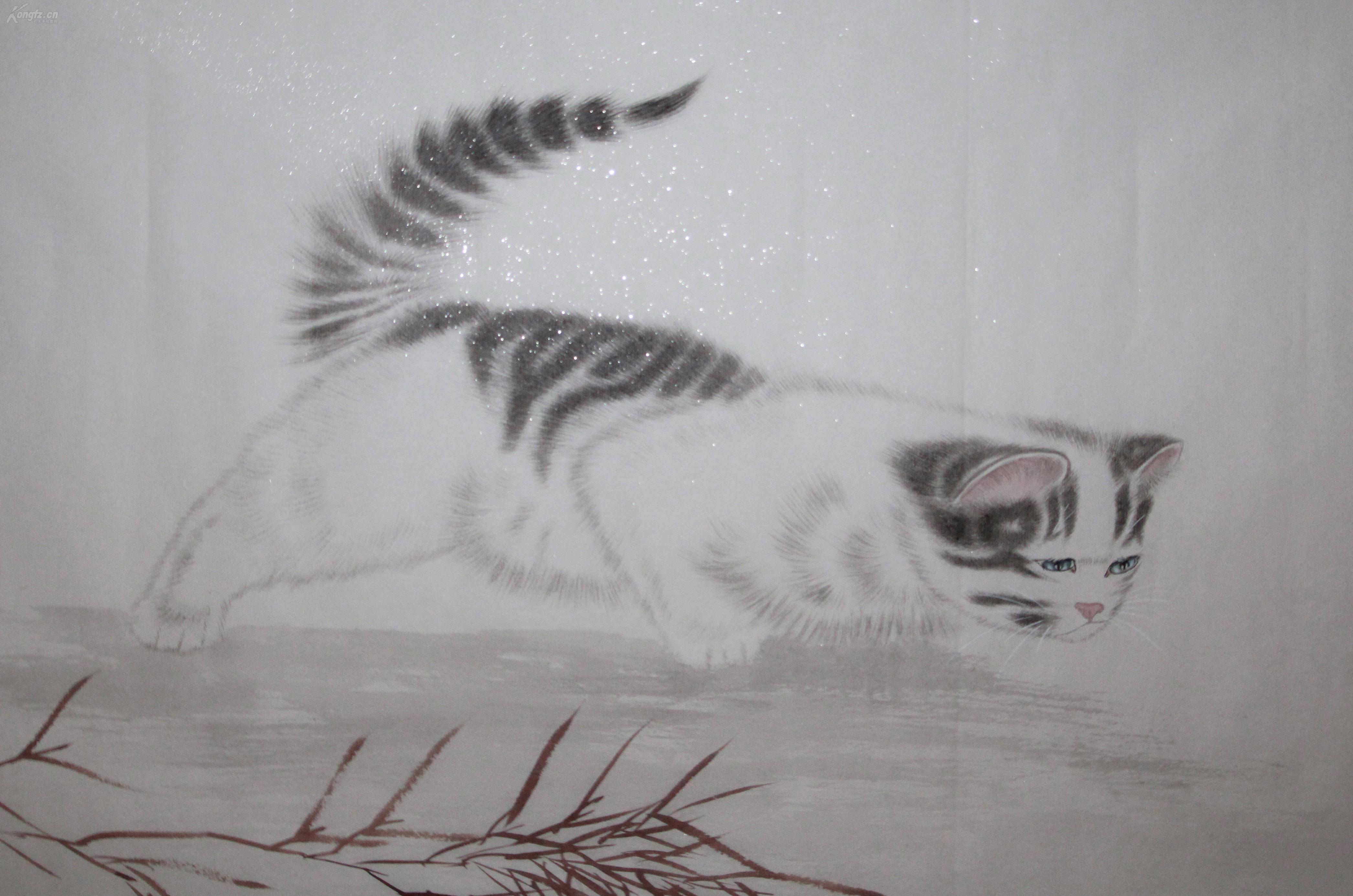【米春茂】工笔画【小猫咪捉虫子】画的好不错,真伪自鉴