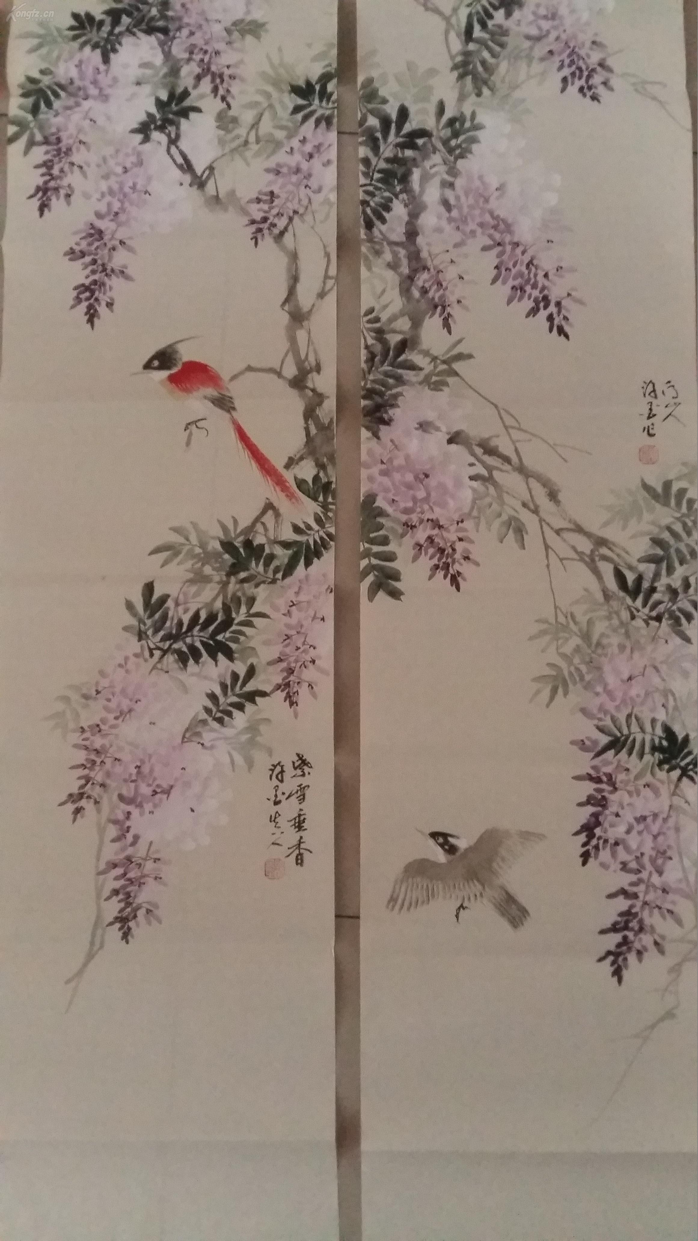 中国国画家协会会员,山东美术家协会会员许墨:四尺四条屏,《紫滕花鸟