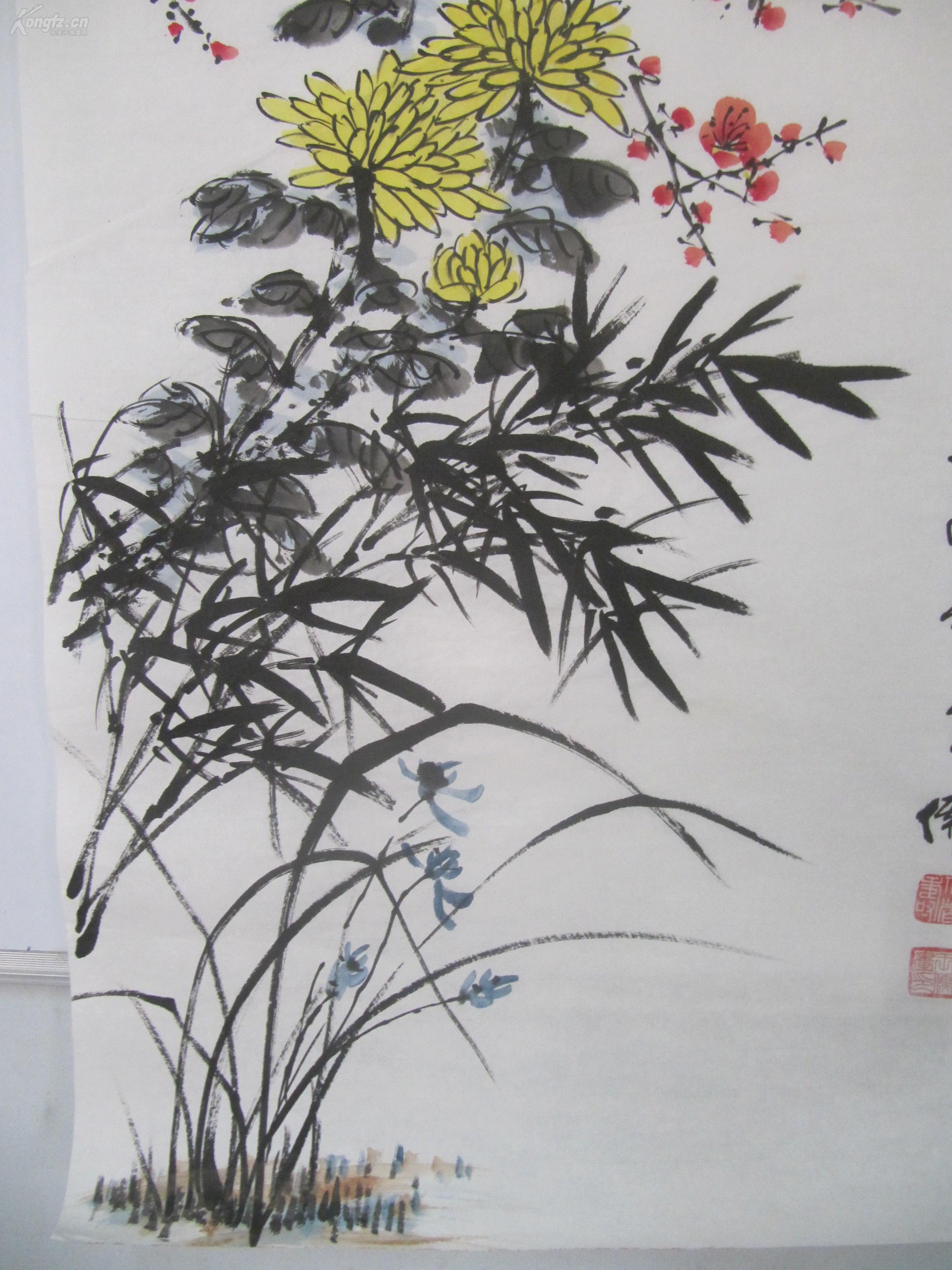 画家 王儒 国画作品一幅 梅兰竹菊 四君子图 尺寸99/53厘米