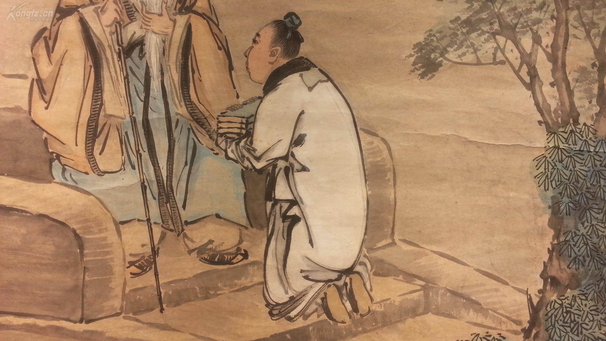 11590 (转店铺)大幅纸本清代名家(吕璧松)手绘《张良拜师》 包老包真!