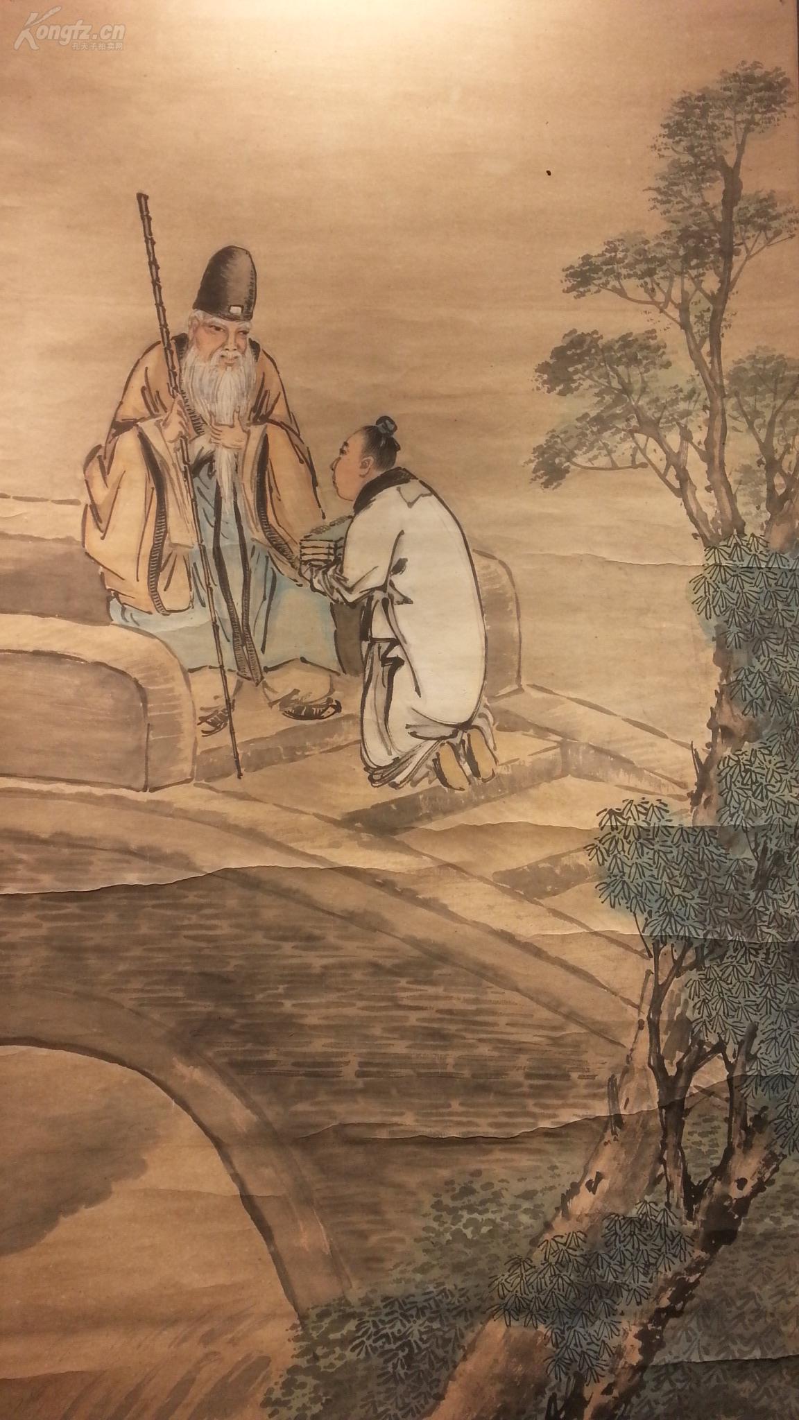 11590 (转店铺)大幅纸本清代名家(吕璧松)手绘《张良拜师》 包老包真!
