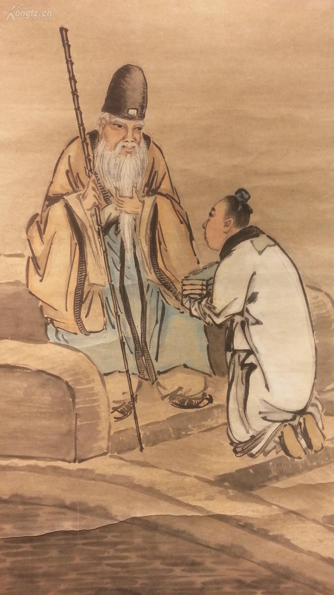 11590 (转店铺)大幅纸本清代名家(吕璧松)手绘《张良拜师》 包老包真!