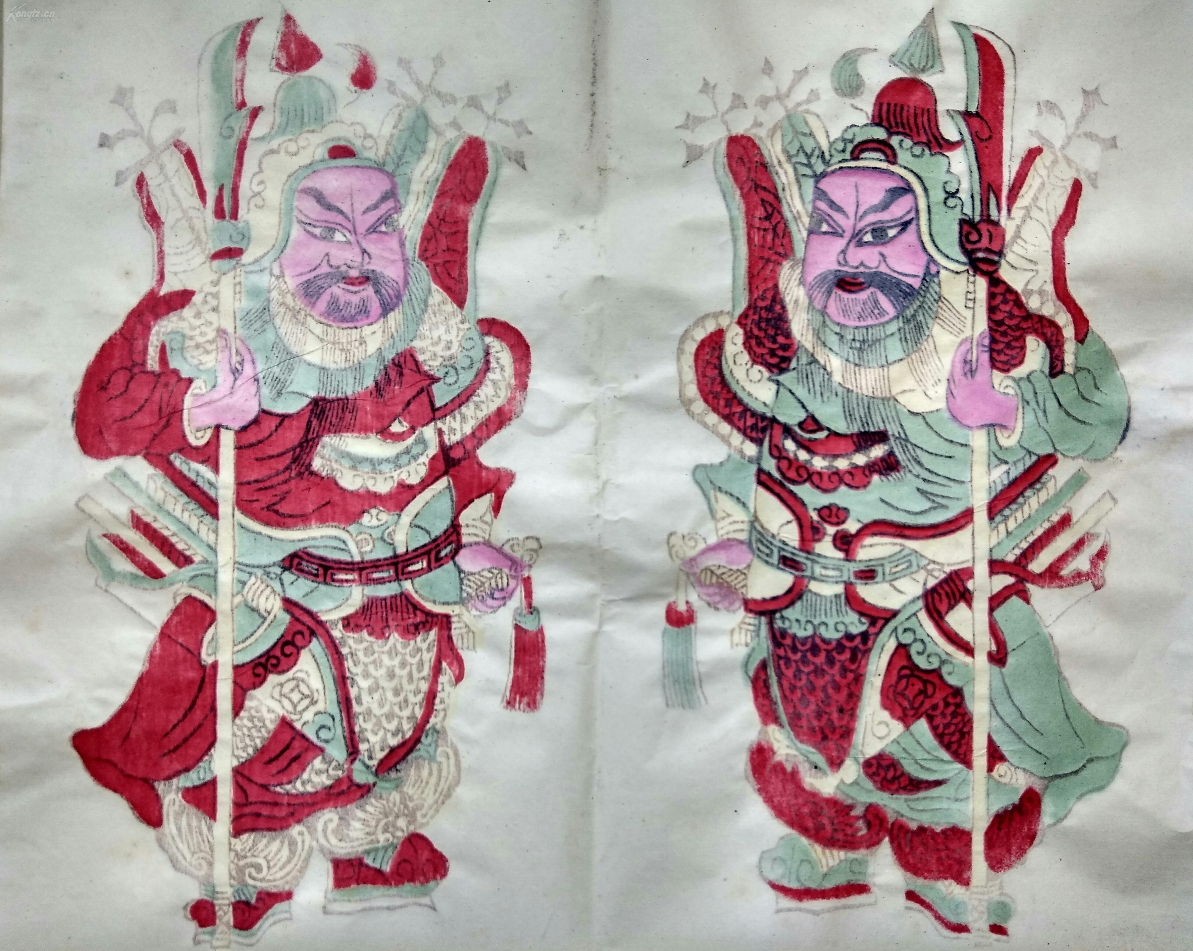 广东佛山老木版年画版画《门神》一对(一)