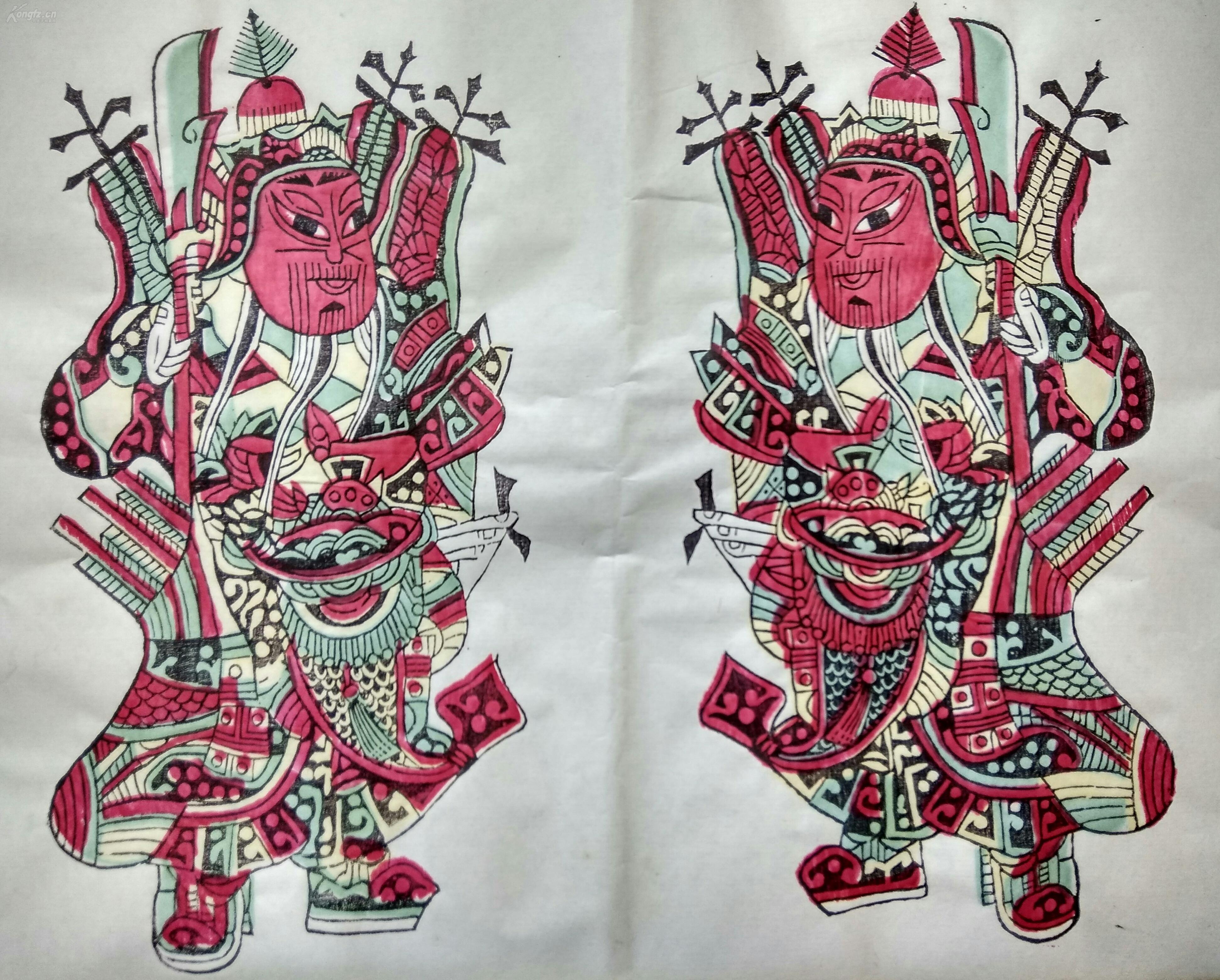 广东佛山老木版年画版画《门神》一对(二)