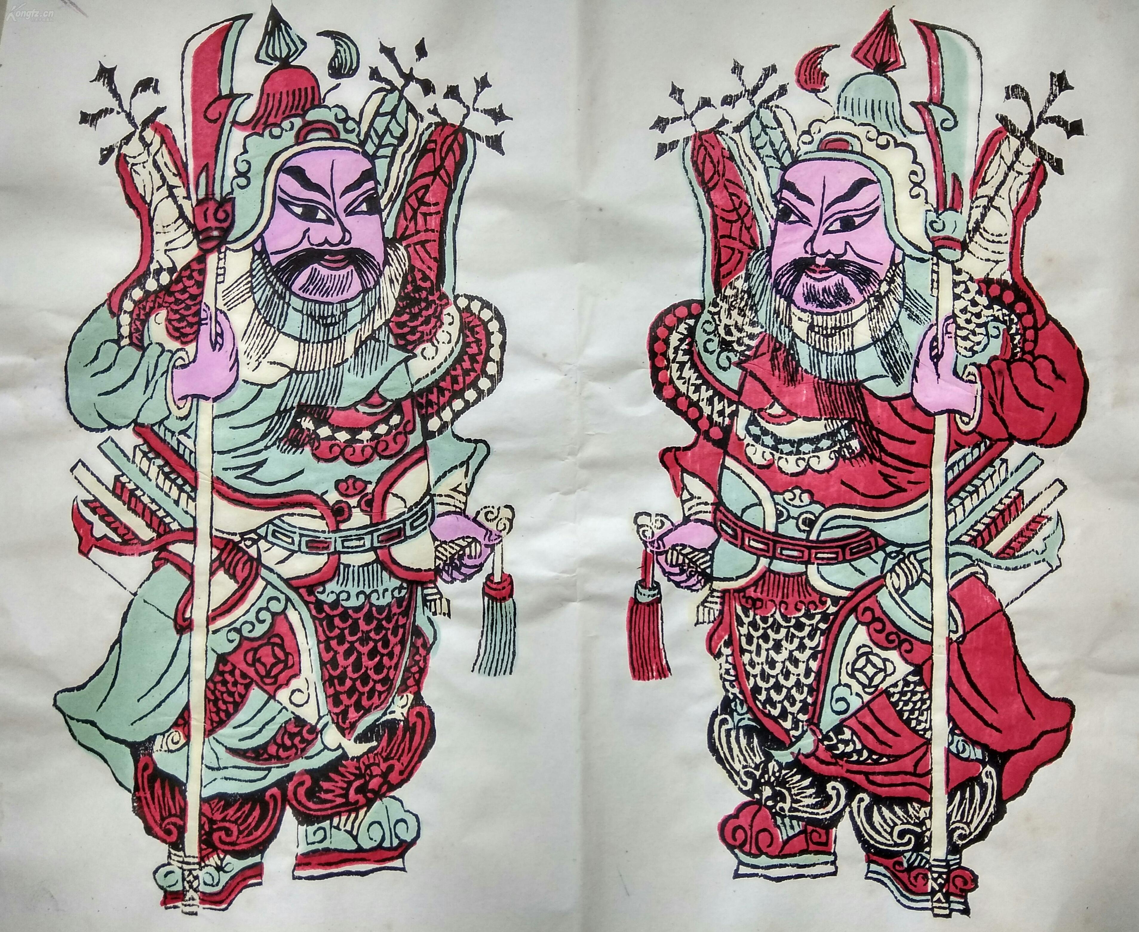 广东佛山老木版年画版画《门神》一对(一)