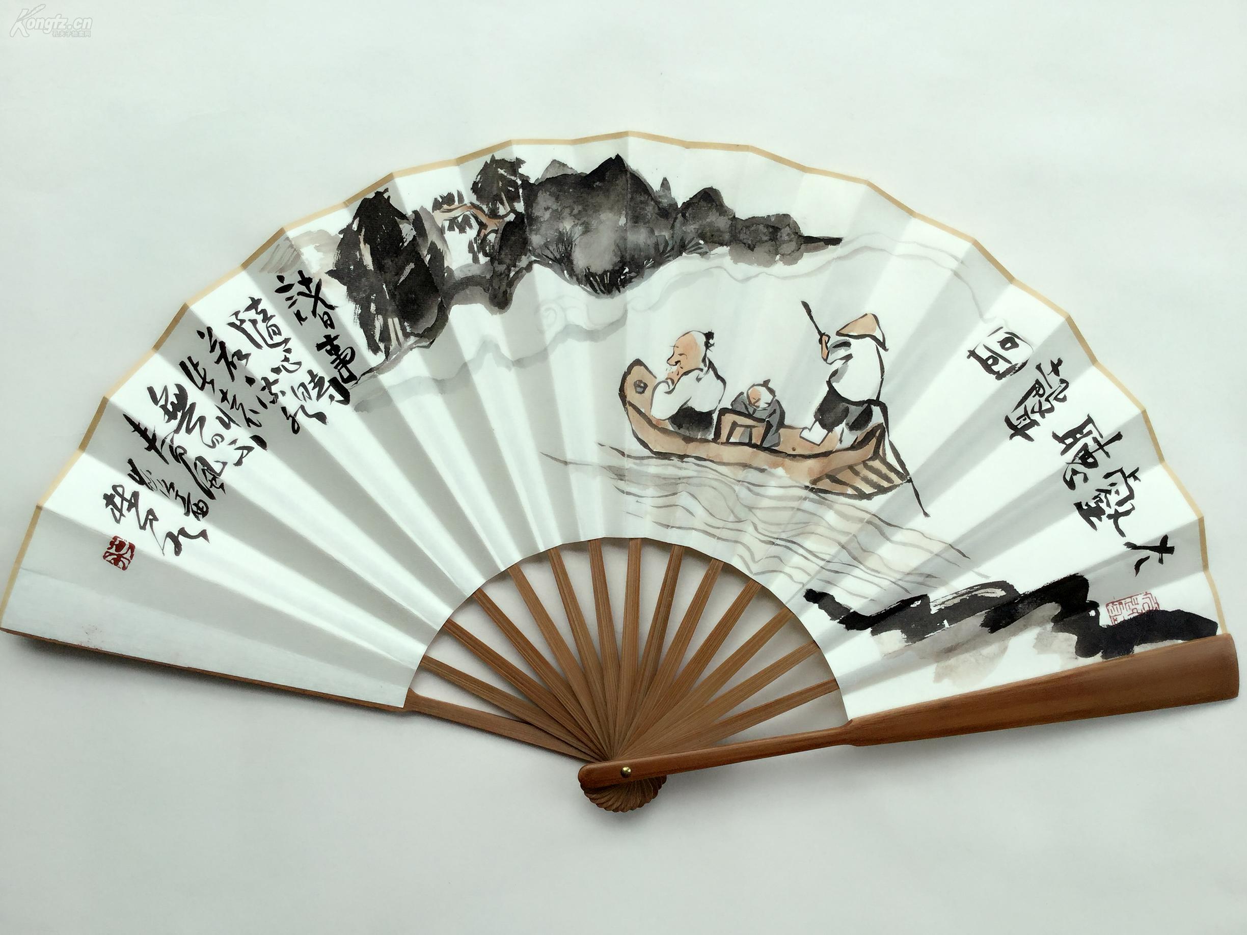 一尺折扇:新文人水墨画--大壑听声图 林泉书画真迹