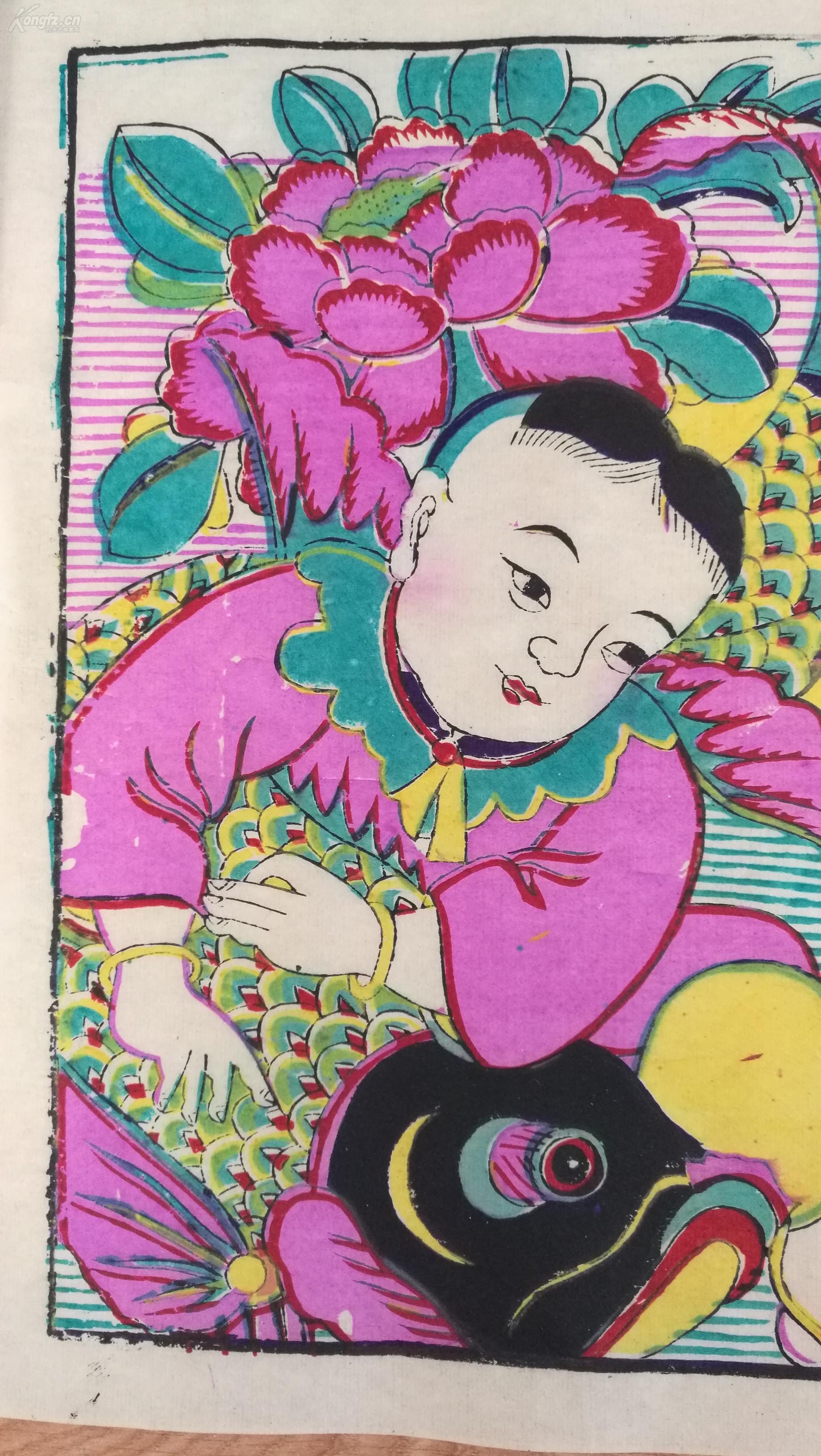潍县杨家埠木版年画社经典木版年画,儿童得鱼 拍品编号:29256071