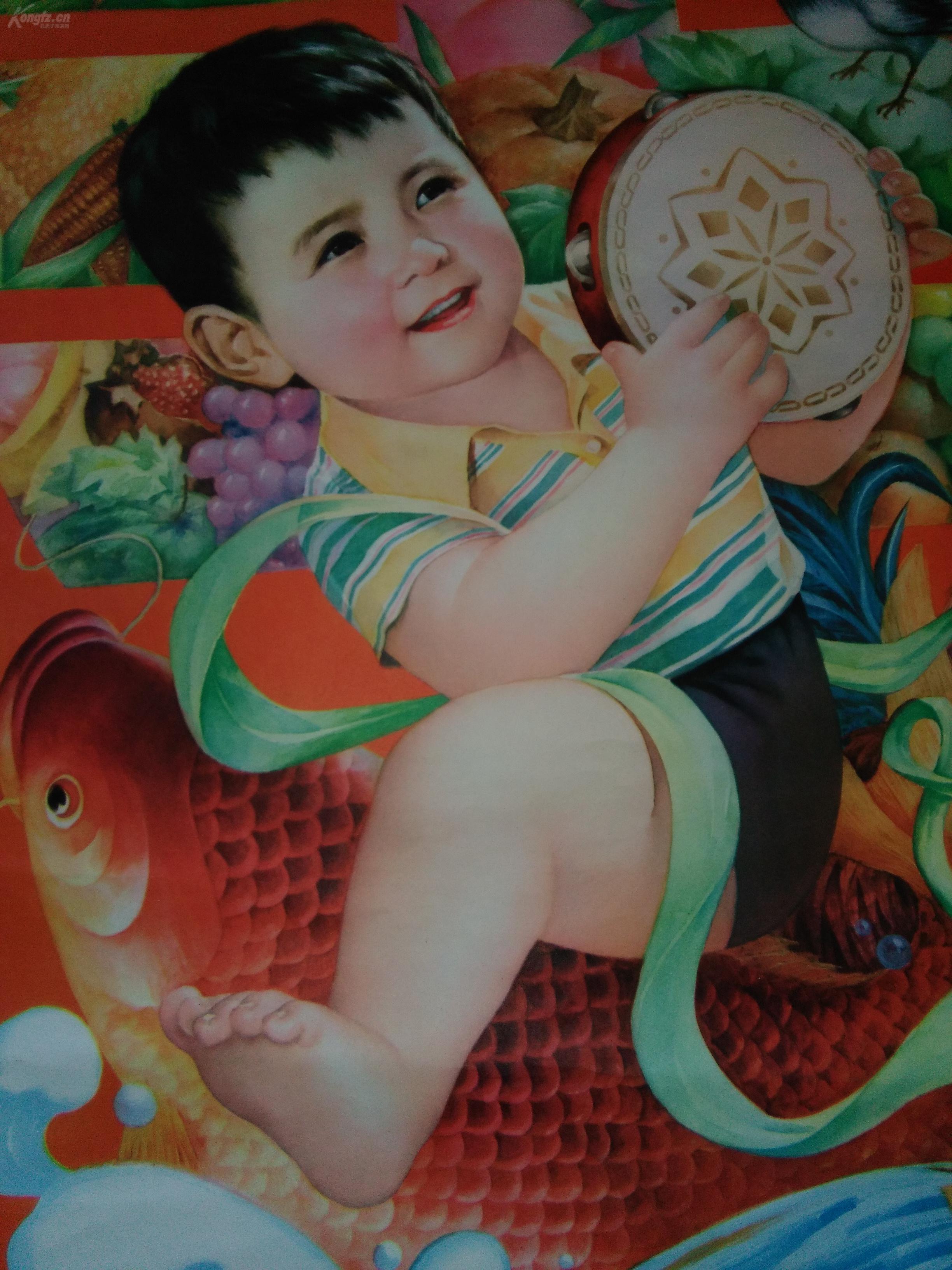 孔网首见刘熹奇《庆丰收》胖娃娃大幅对开彩色年画,1984年一版一印