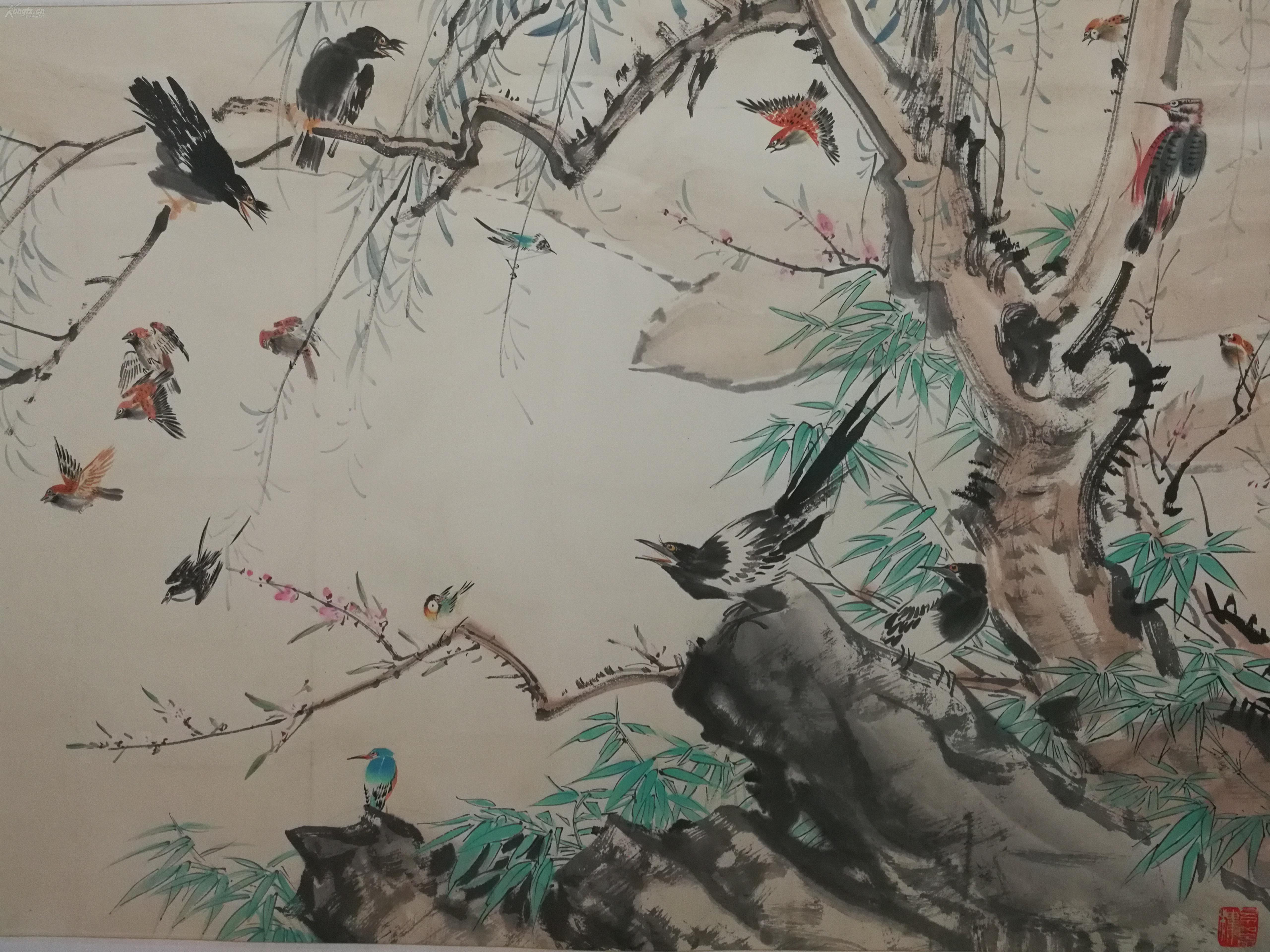 中国现代著名小写意花鸟画家 王雪涛 百鸟争鸣 四尺大幅 真迹