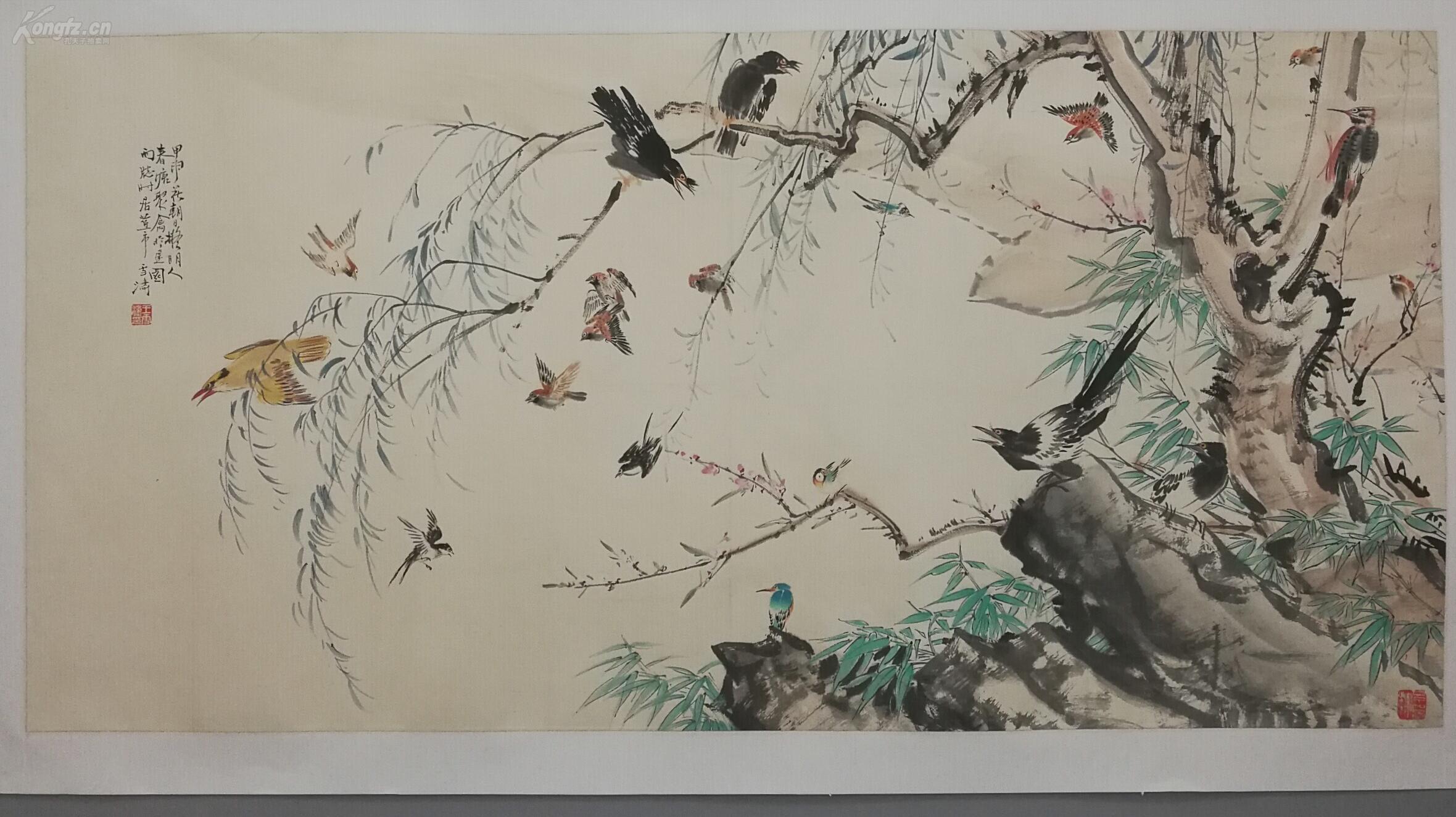 中国现代著名小写意花鸟画家 王雪涛 百鸟争鸣 四尺大幅 真迹