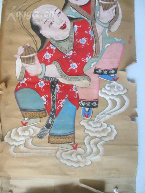 清代最晚民国 套色木板年画 和合二仙 画心尺寸 128*65厘米