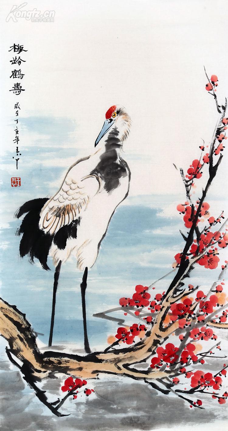 名人王小丫画国画梅龄鹤寿图