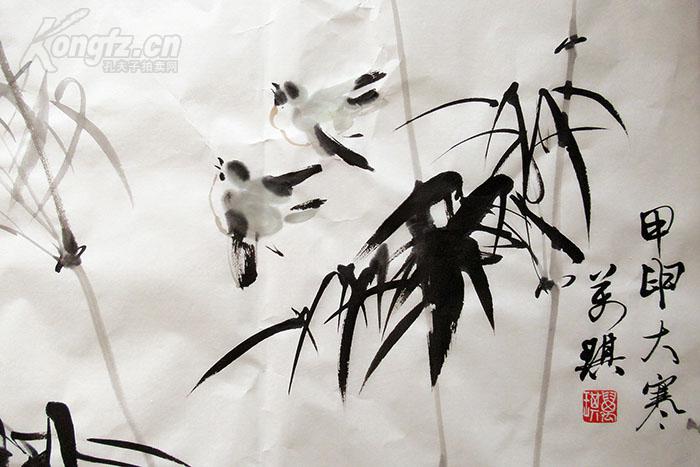 浙江著名画家 张万琪 花鸟四尺横幅 手绘国画 竹林