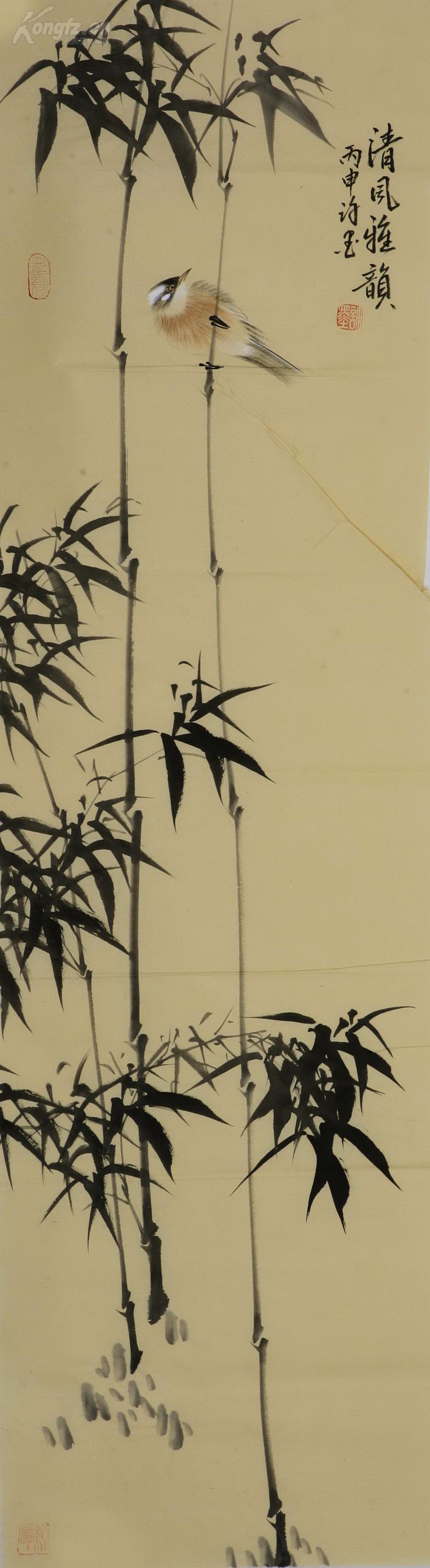 著名画家许墨竹报平安风摇青玉枝虚心傲骨清风雅韵竹子小鸟四条屏