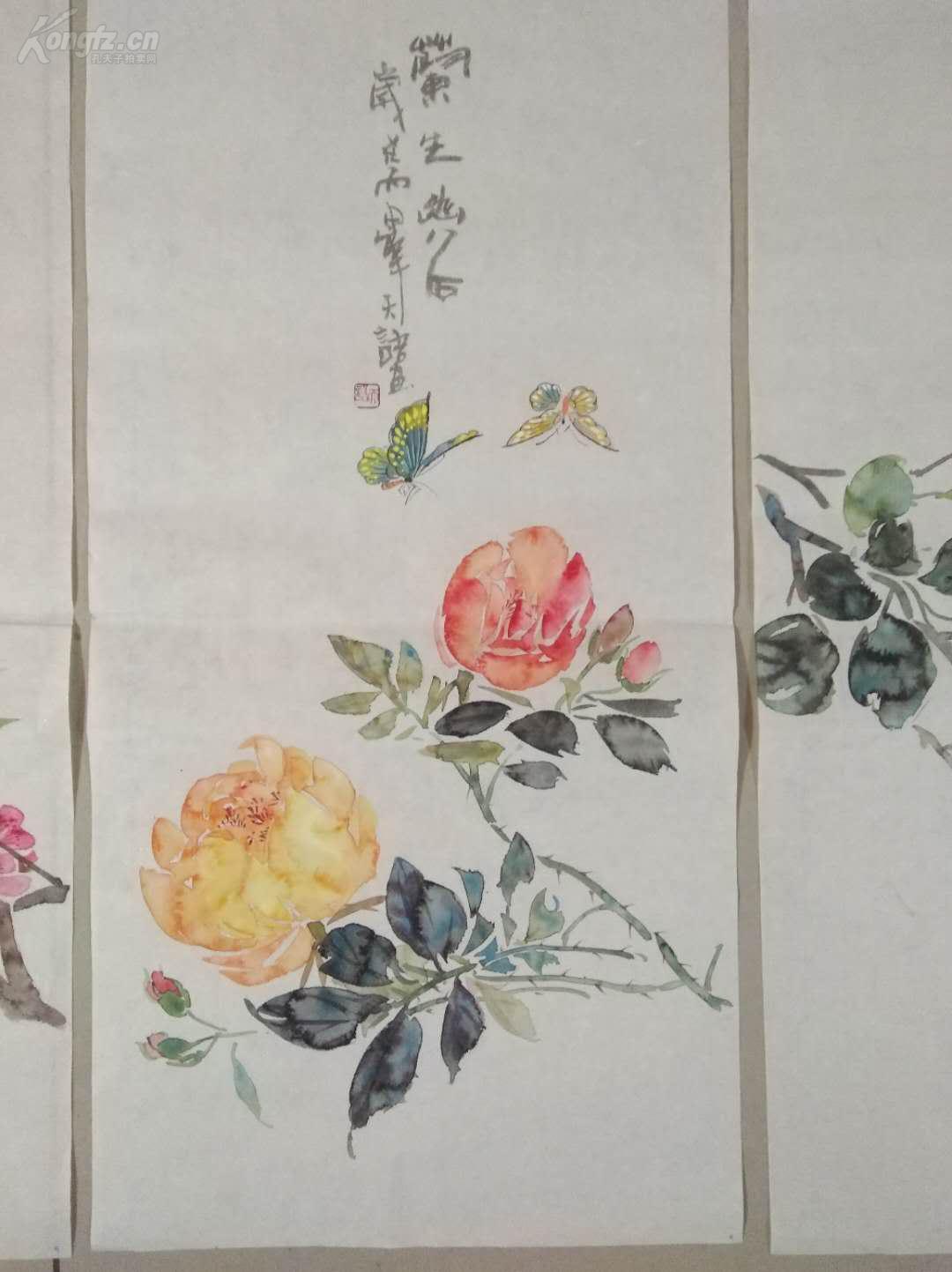 天语阳瑞萍,花卉四条屏,连年有余图