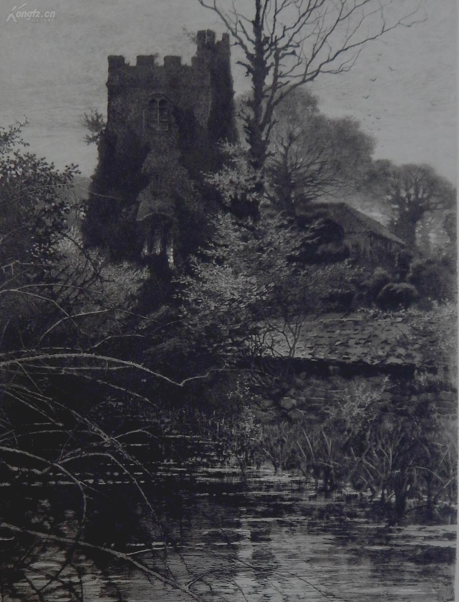 德国十九世纪铜版画水边城堡风景背面贴有1898年的藏书画票