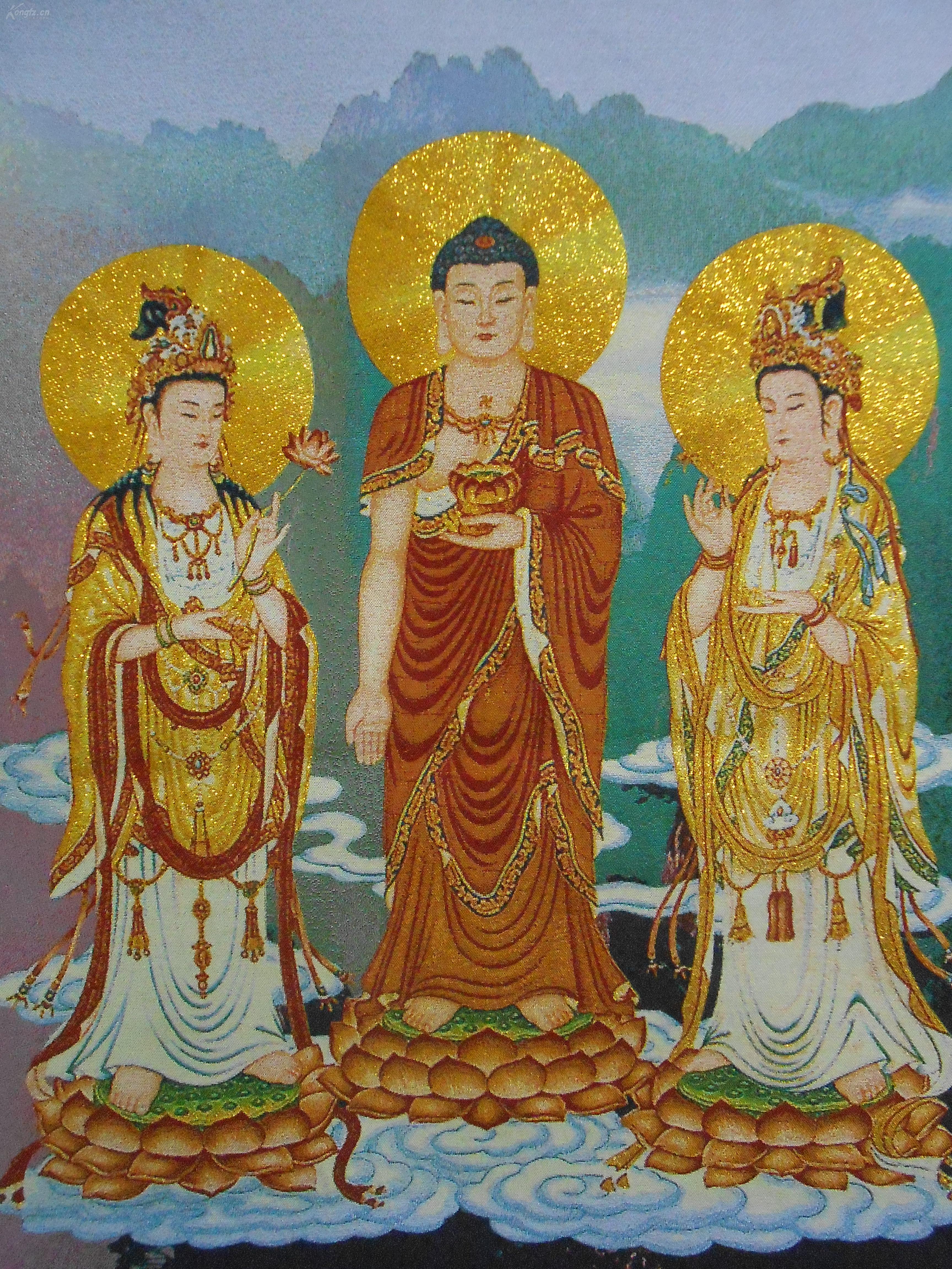 西方三圣佛像织锦一幅,彩色金线钩织,底价结缘包邮