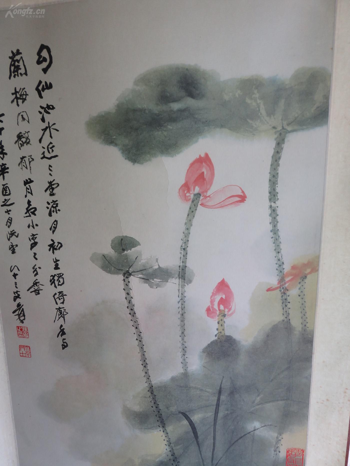 【孔网孤本】国立历史博物馆印 张大千83岁作 国画精品《荷花》挂轴一