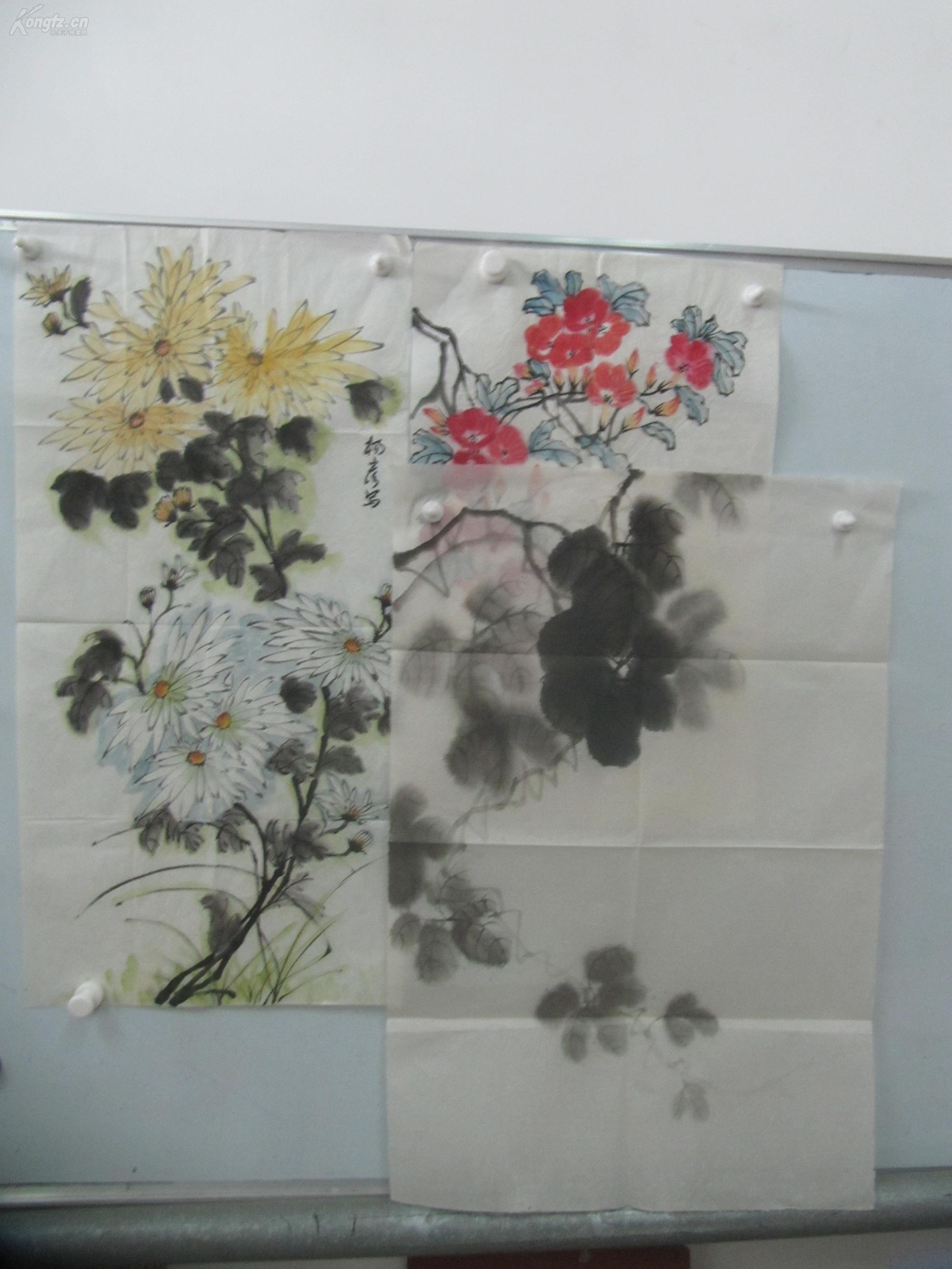 著名国画家,教授 杨彦 作 花卉国画作品3幅 有款一幅
