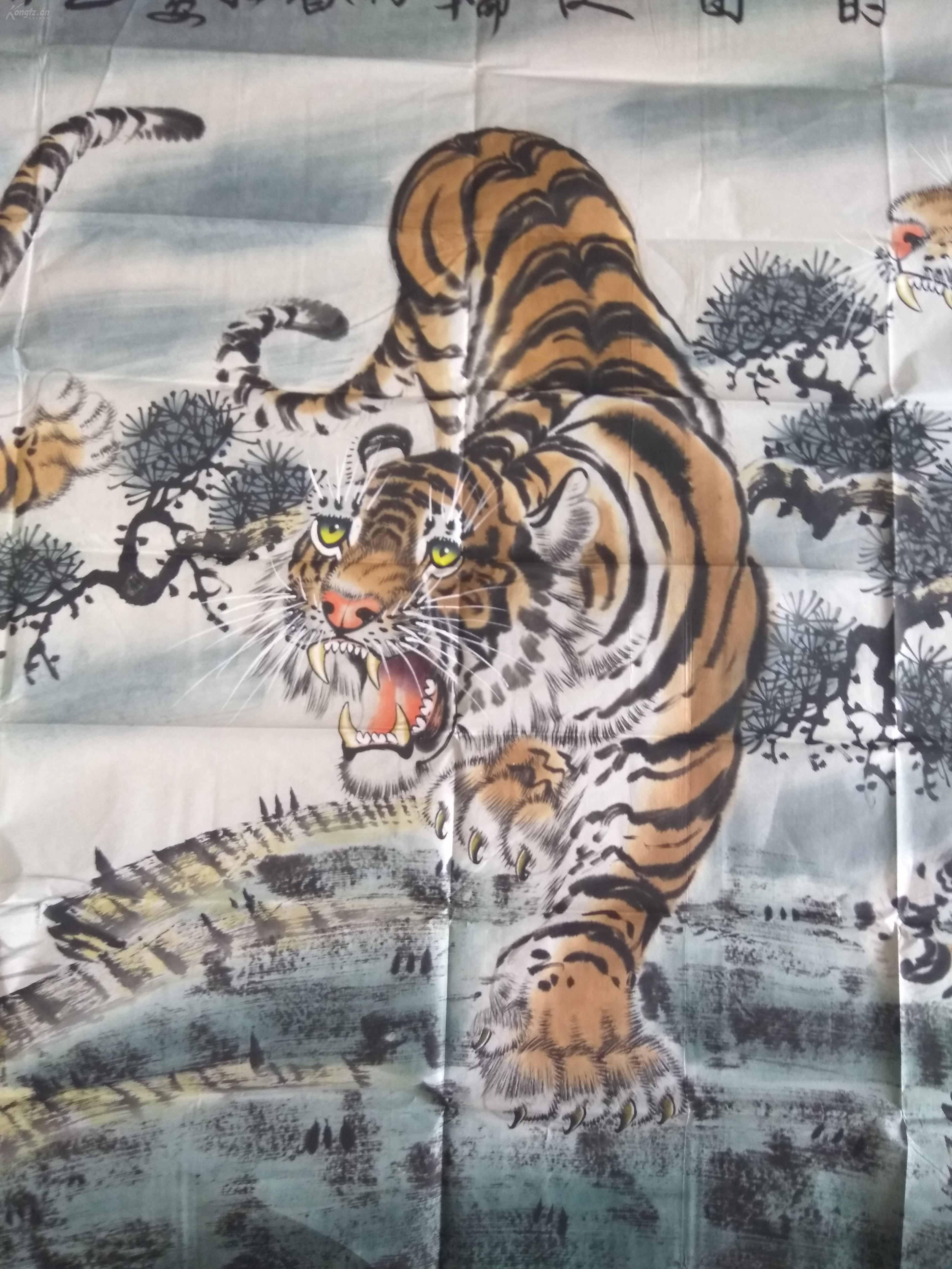 陕西画虎名家石川精品手绘八尺整张群虎图