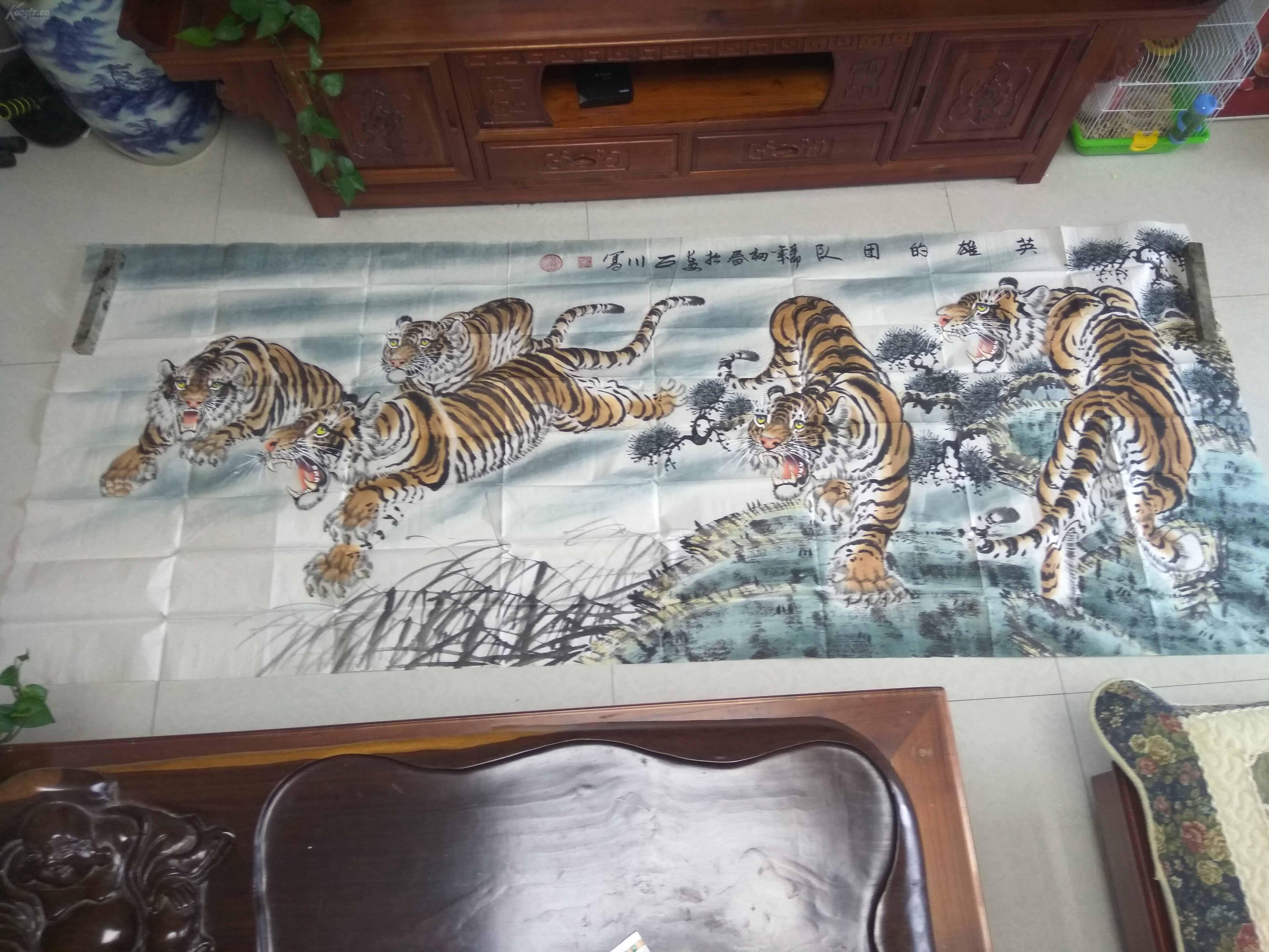 陕西画虎名家石川精品手绘八尺整张群虎图《英雄的团队》,适合公司
