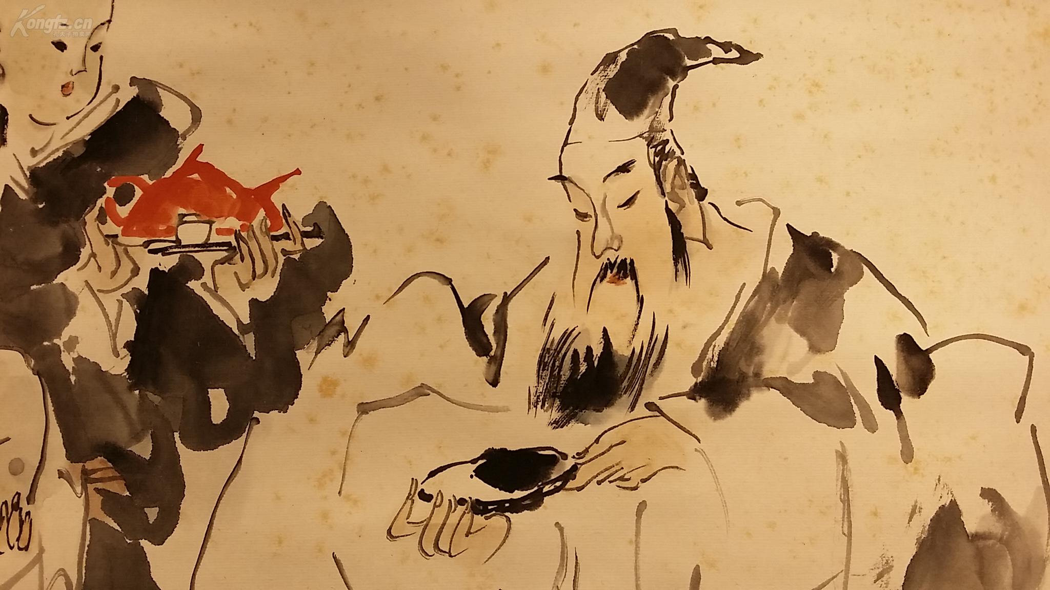 19657 (转店铺)大幅纸本名家(吕士荣)手绘《东坡赏砚图》 包老!