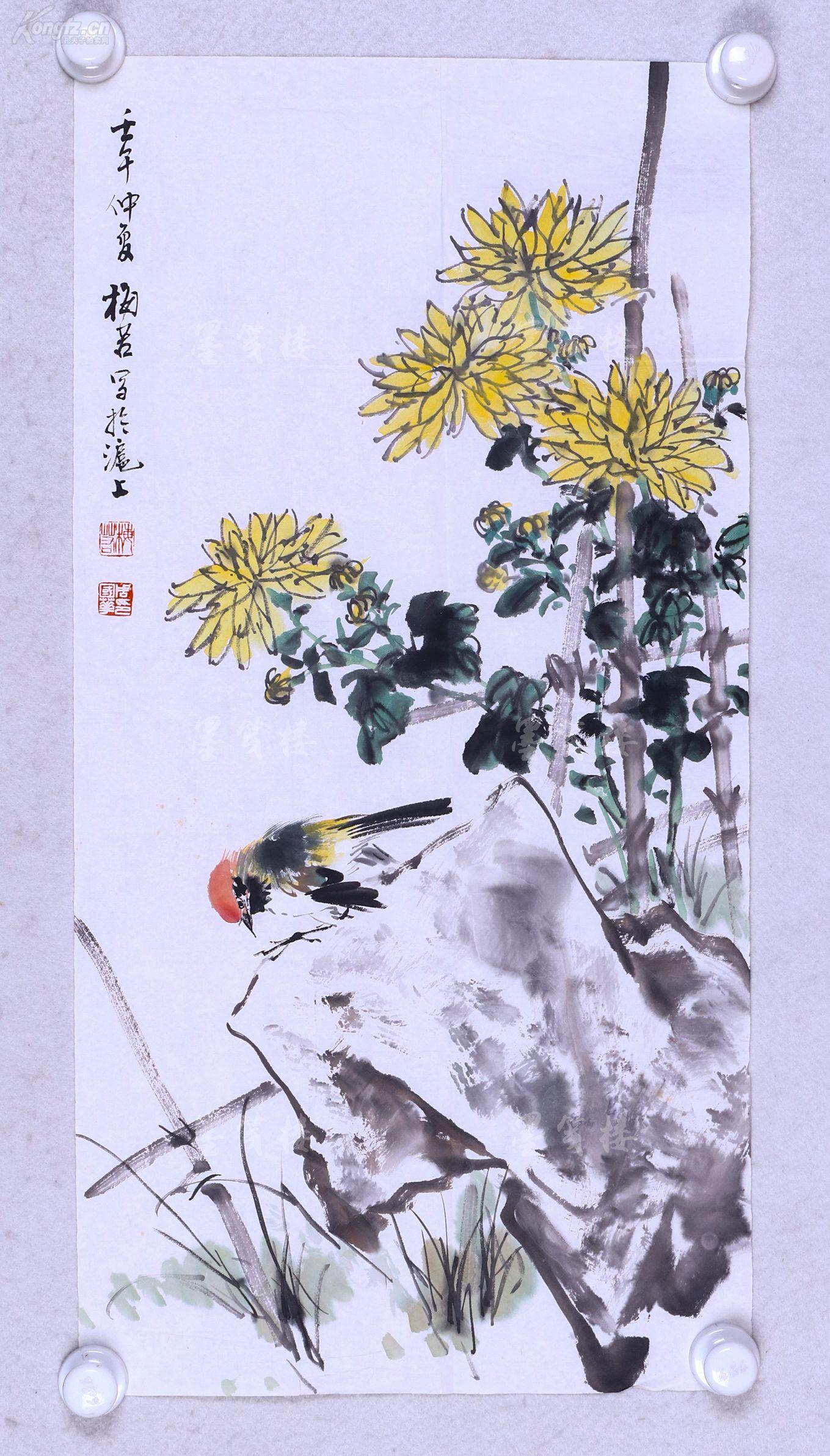 画家,原东吴印社理事 周梅若 壬午年(2002)水墨花鸟画作品"喜鹊菊花图