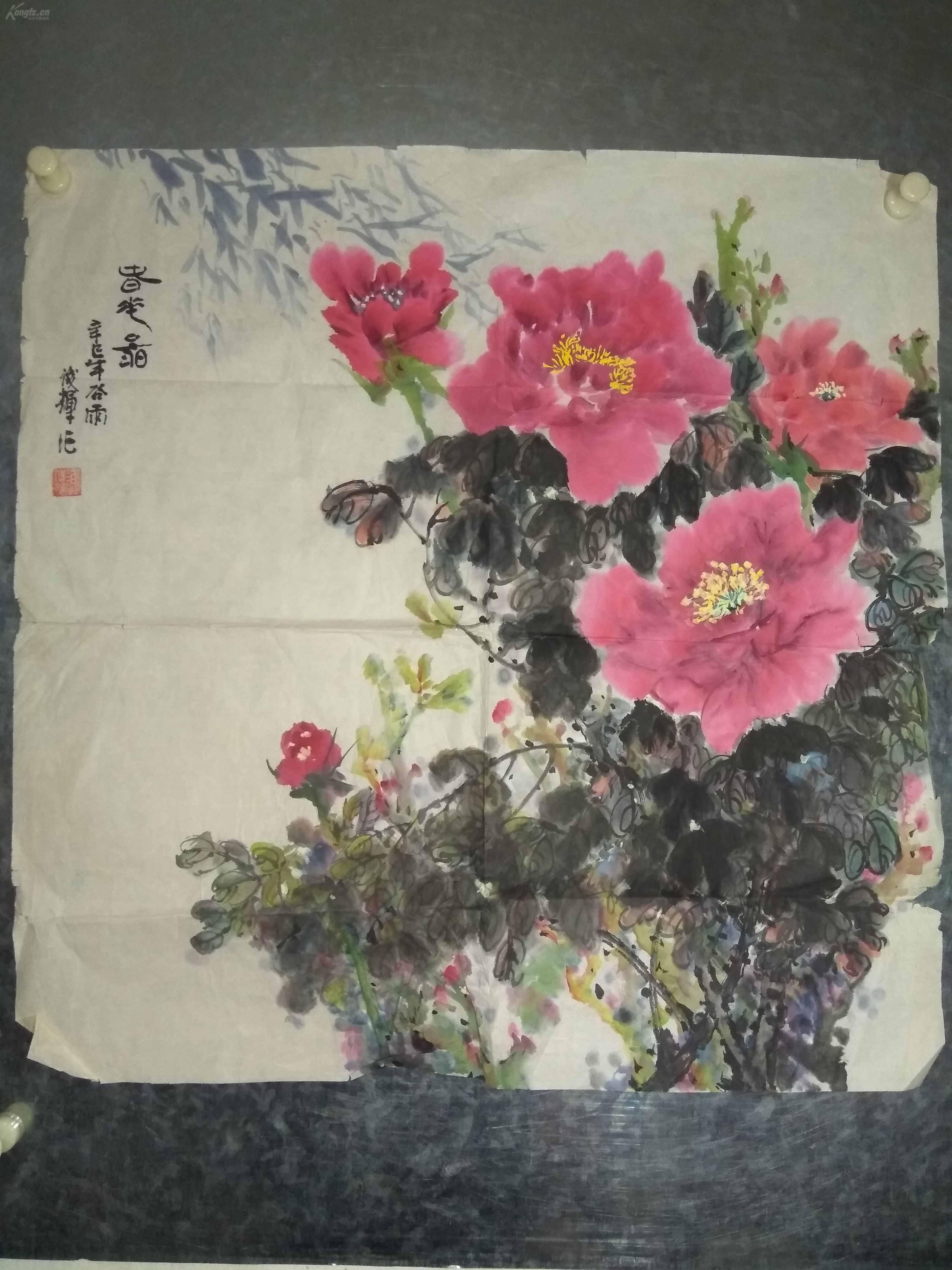 陕西老画家南方书画院副院长谢俊辉早年作品牡丹富贵图装裱后会很上