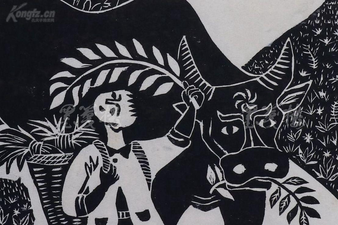 桓仁农民版画家 张金玲 黑白木刻版画作品《牧童(尺寸:27.5*26.