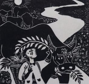 桓仁农民版画家 张金玲 黑白木刻版画作品 《牧童》(尺寸:27.5*26.