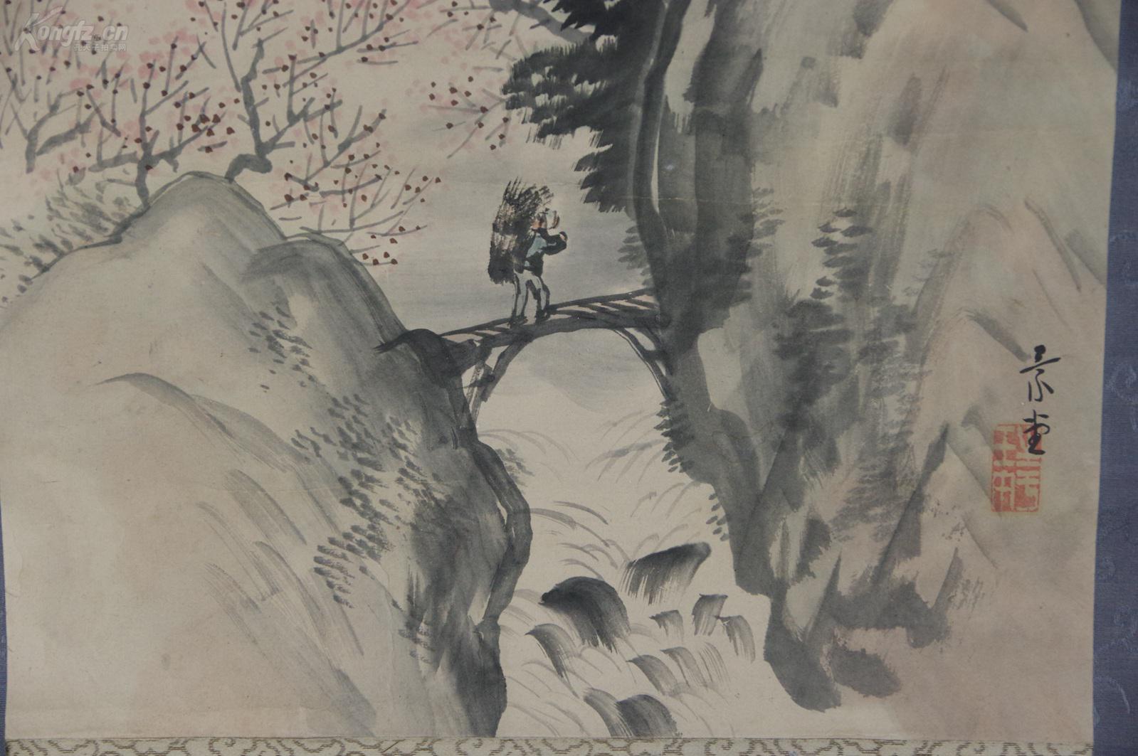 立轴老画 景堂笔《纸本手绘 春山樵夫》山水图 双木轴头 整体尺寸:116