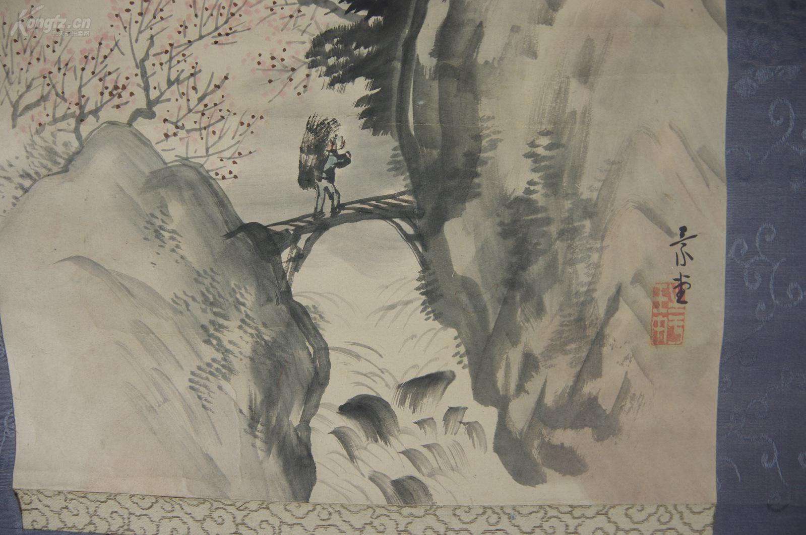 立轴老画 景堂笔《纸本手绘 春山樵夫》山水图 双木轴头 整体尺寸:116