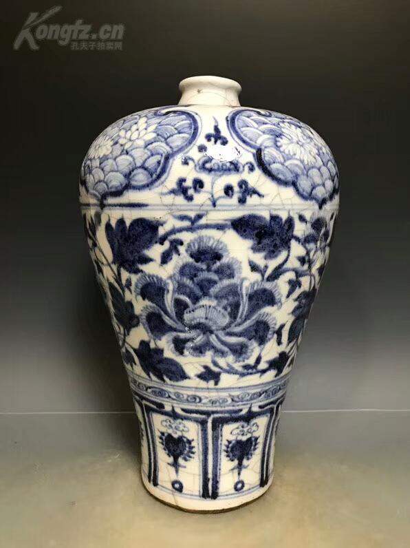 回流元青花瓷 大元青花瓷 牡丹花卉纹梅瓶 品如图包浆