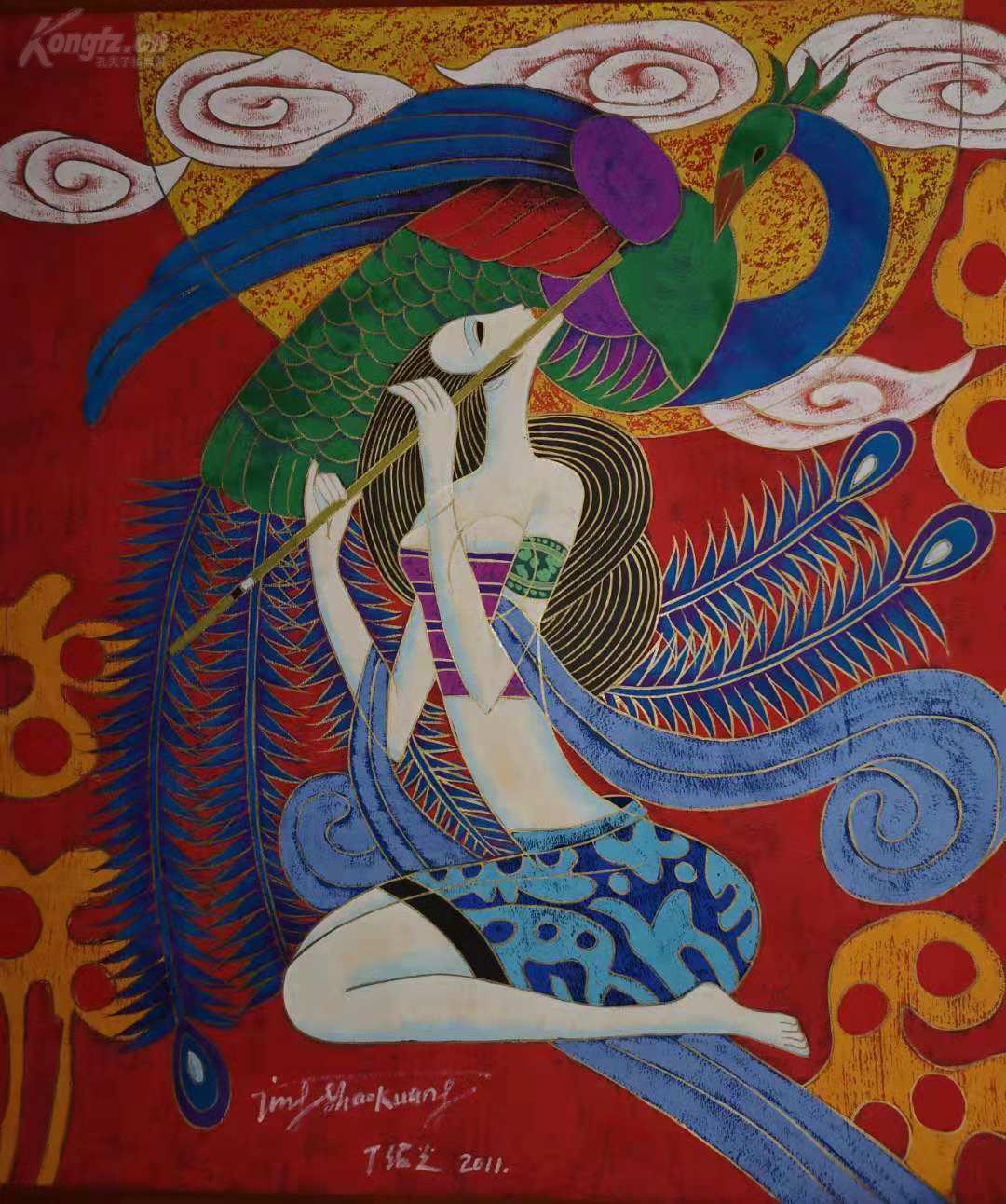 著名美籍华人画家中国现代重彩画的引领者丁绍光重彩人物引凤图