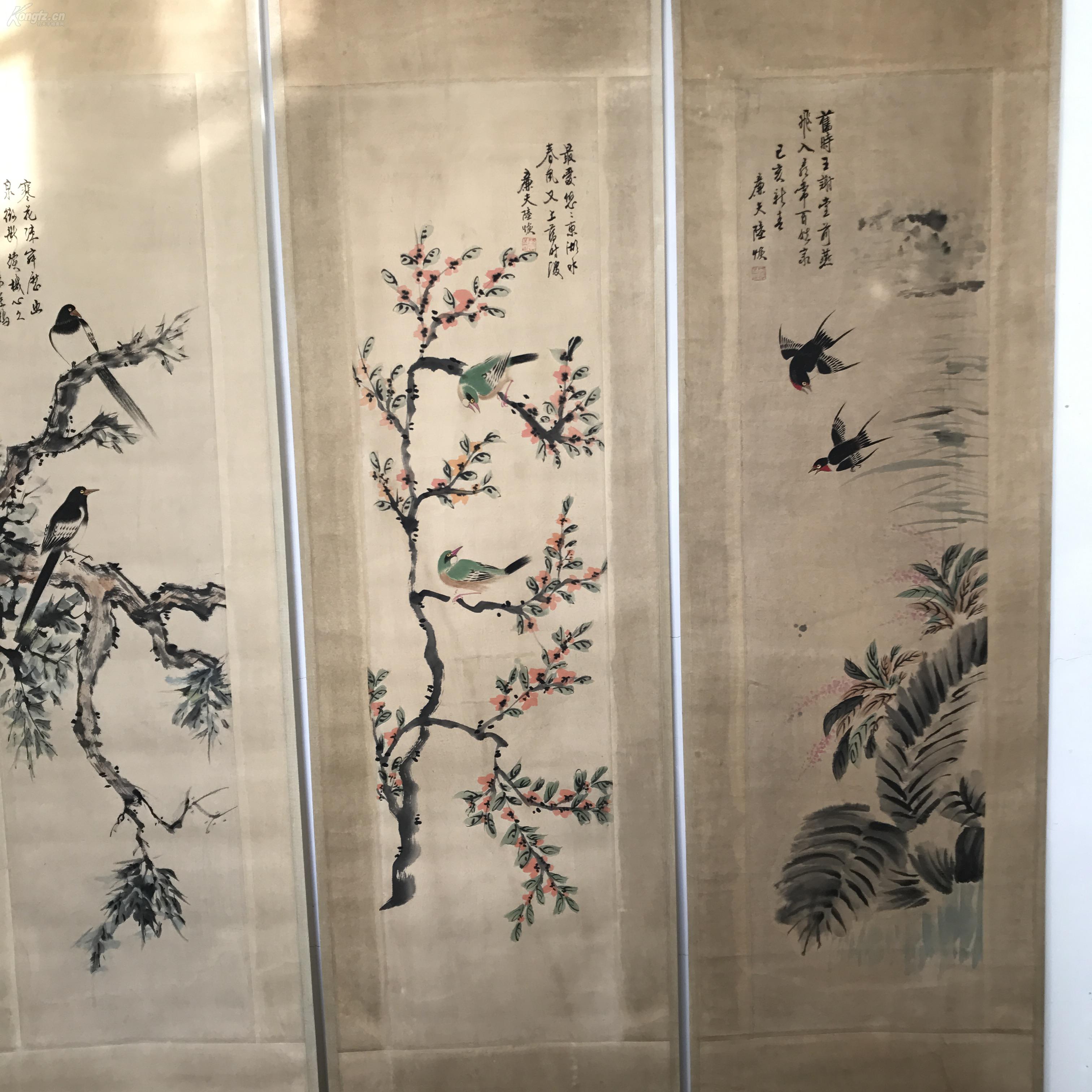清末民初-陆恢-中堂国画《花鸟四条屏》100%纯手工手绘 精装精裱立轴