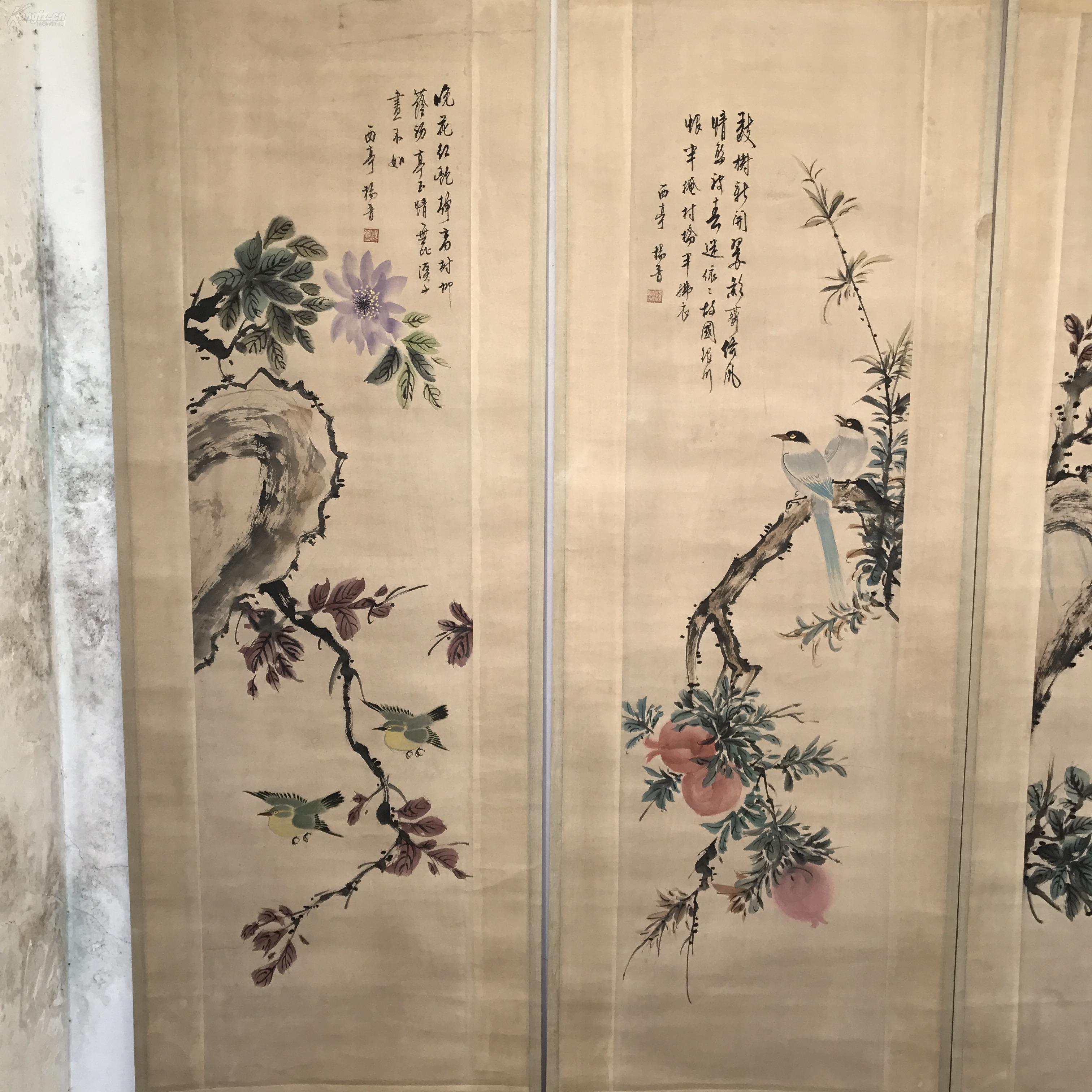 清代宫廷画家-杨晋-中堂国画《花鸟四条屏》100%纯手工手绘 精装精裱