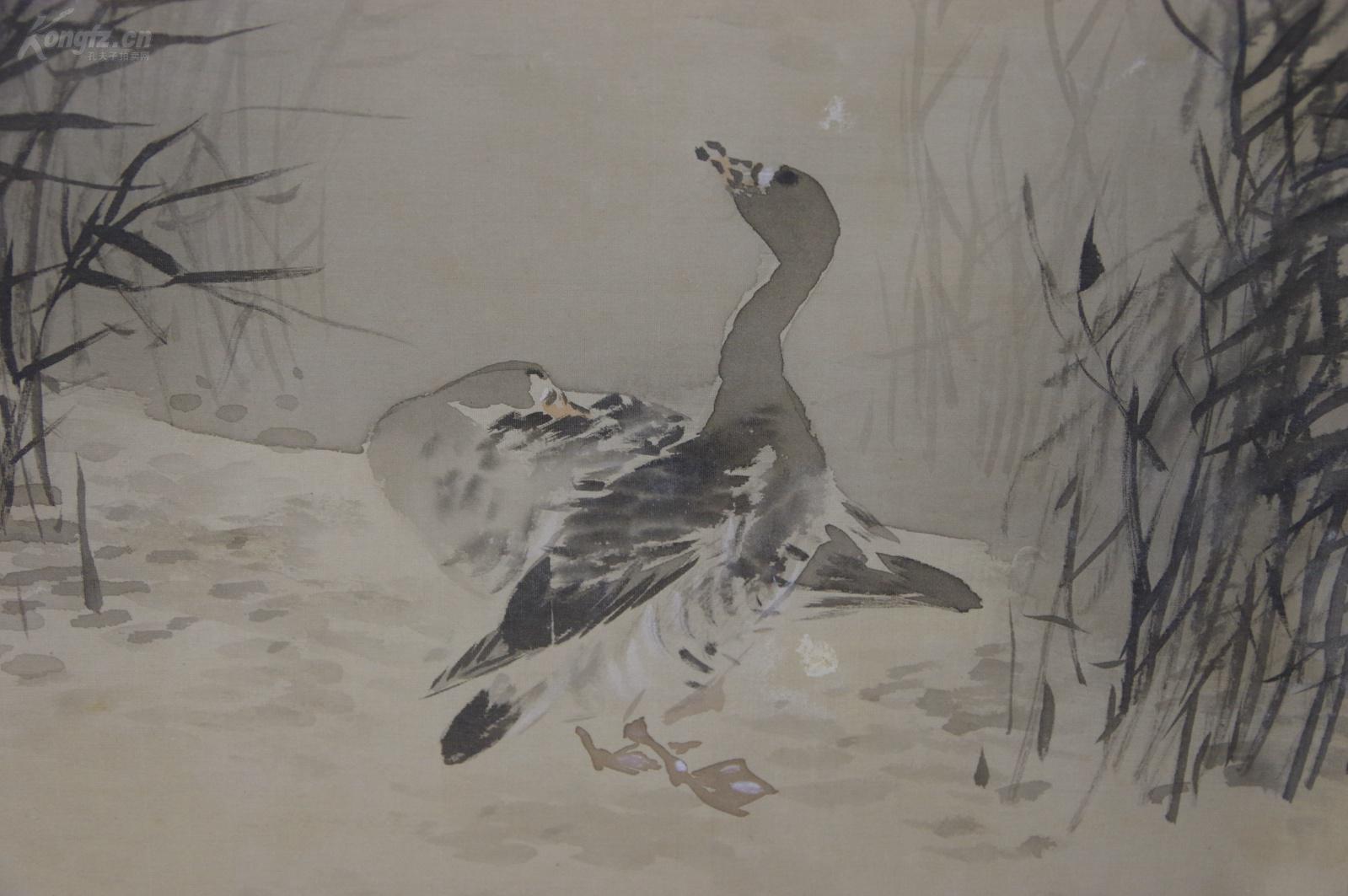 立轴老画 辉石《绢本手绘 芳草鸿鹄图》高级骨轴头 整体尺寸:190*56cm