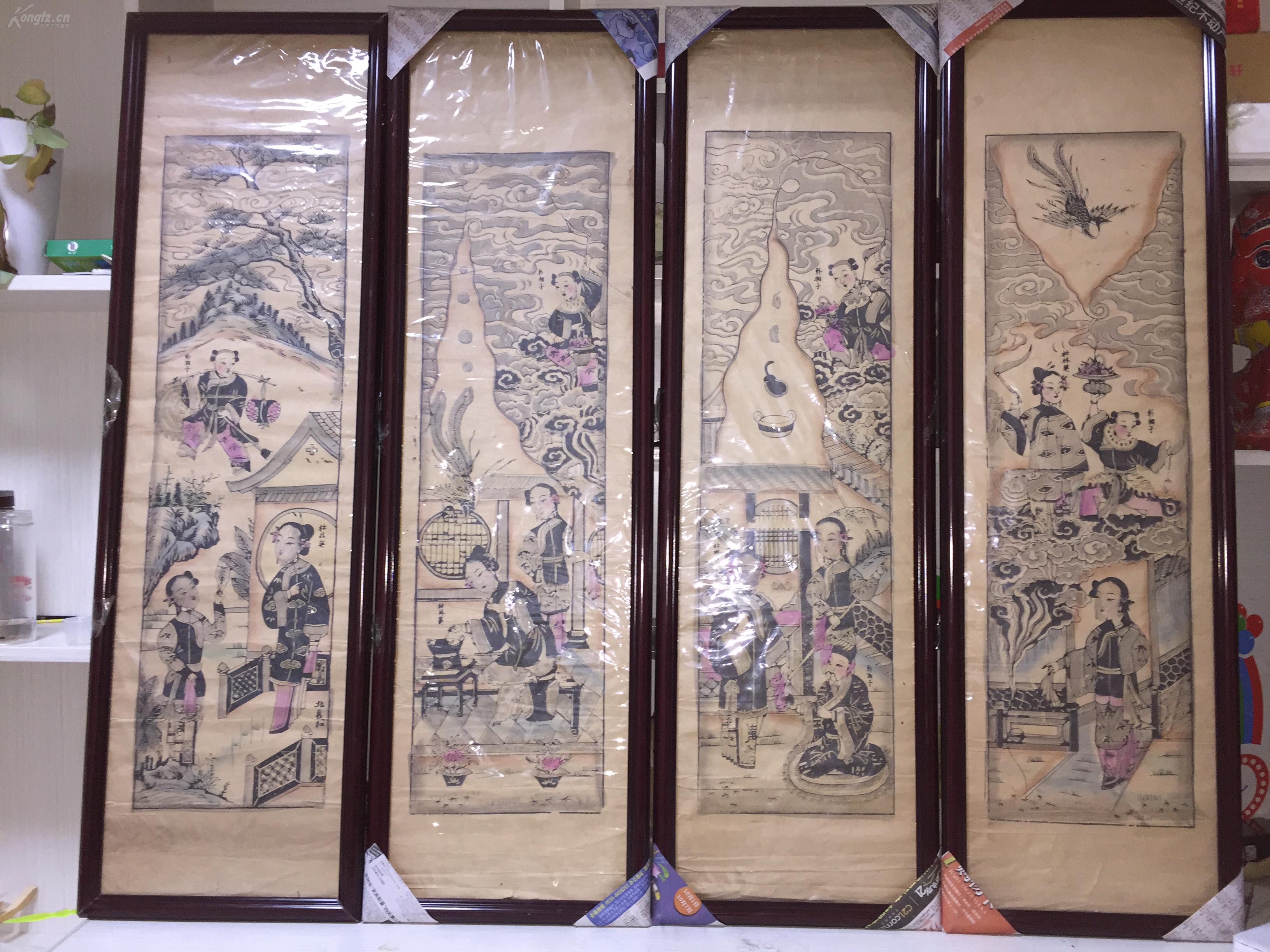 第二幅妻子生病煎药,第三幅韩湘子化作道士救妻渡妻,第四幅韩湘子和