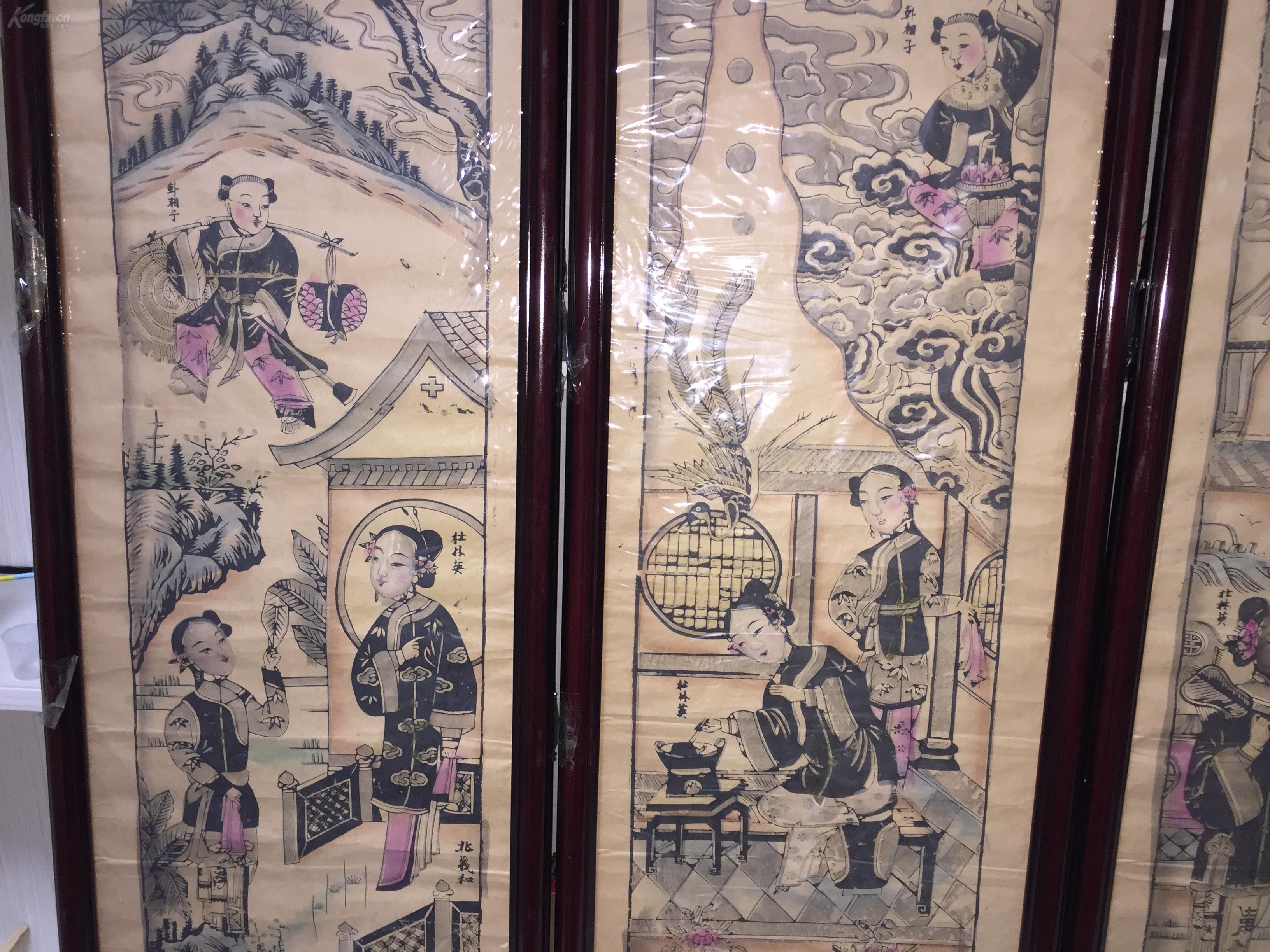 第二幅妻子生病煎药,第三幅韩湘子化作道士救妻渡妻,第四幅韩湘子和